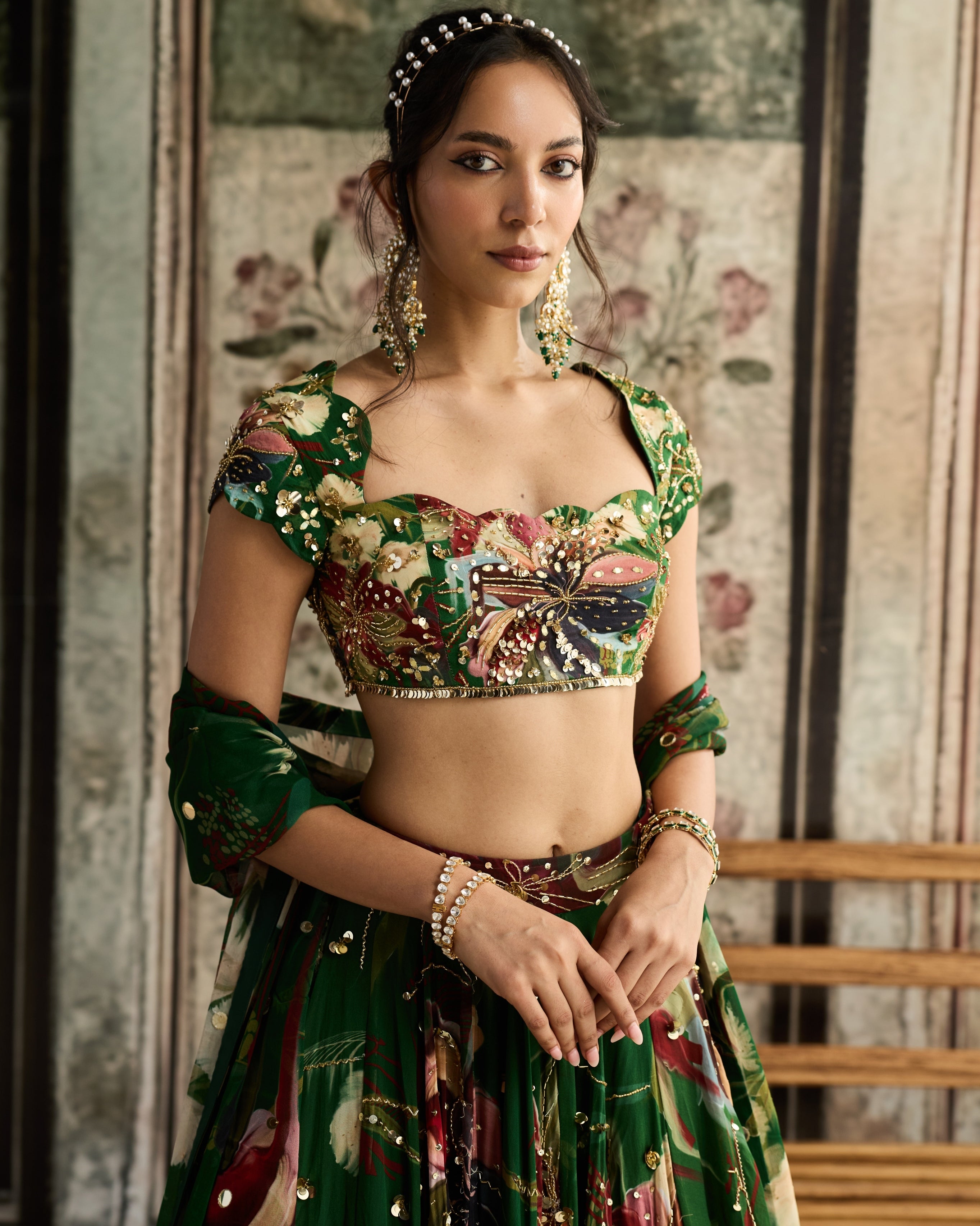 Green Floral Print And Highlighted Lehenga Set