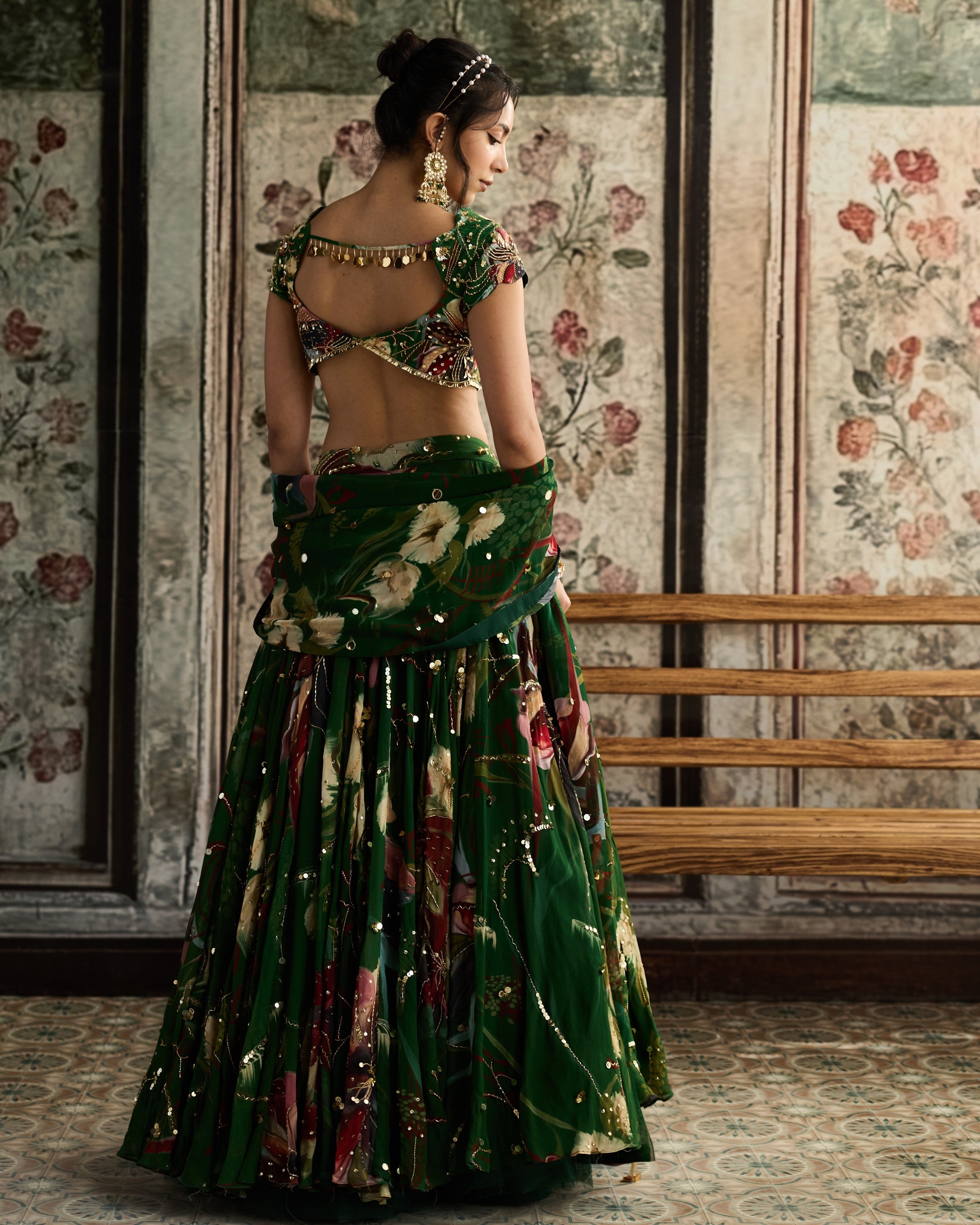 Green Floral Print And Highlighted Lehenga Set