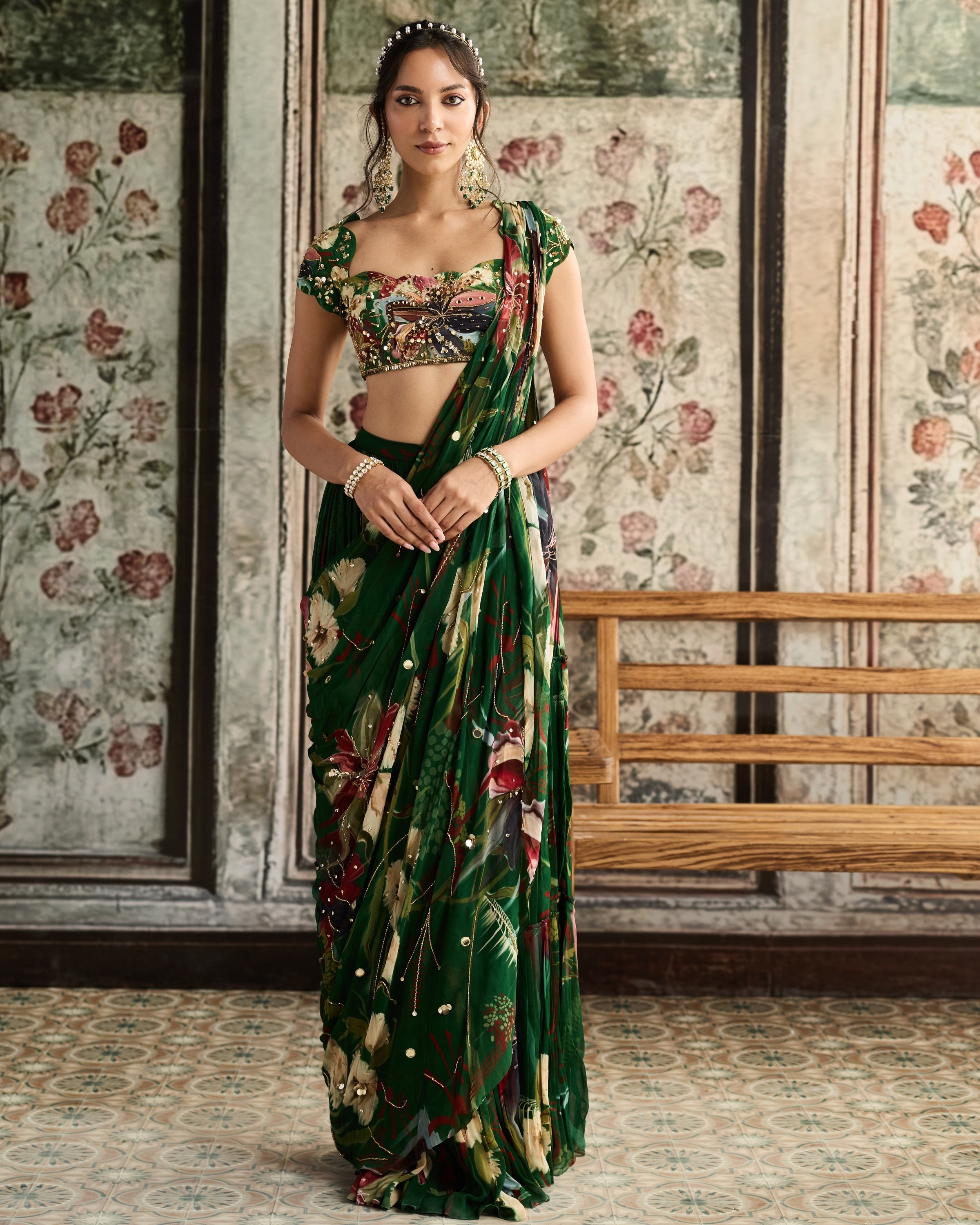 Green Floral Print And Skirt Sari Set