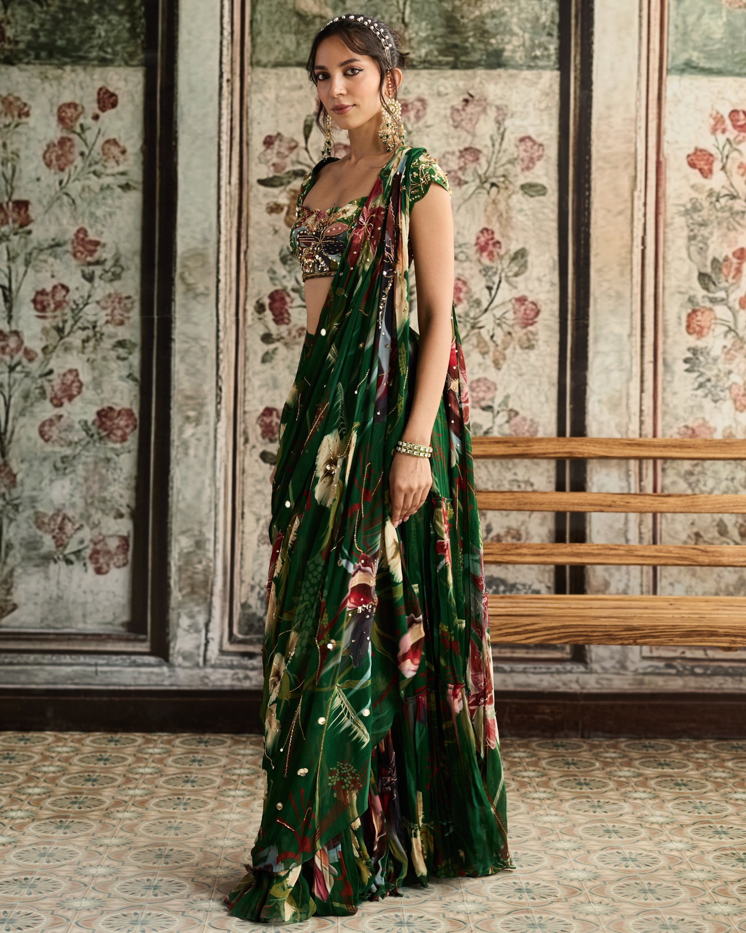 Green Floral Print And Skirt Sari Set