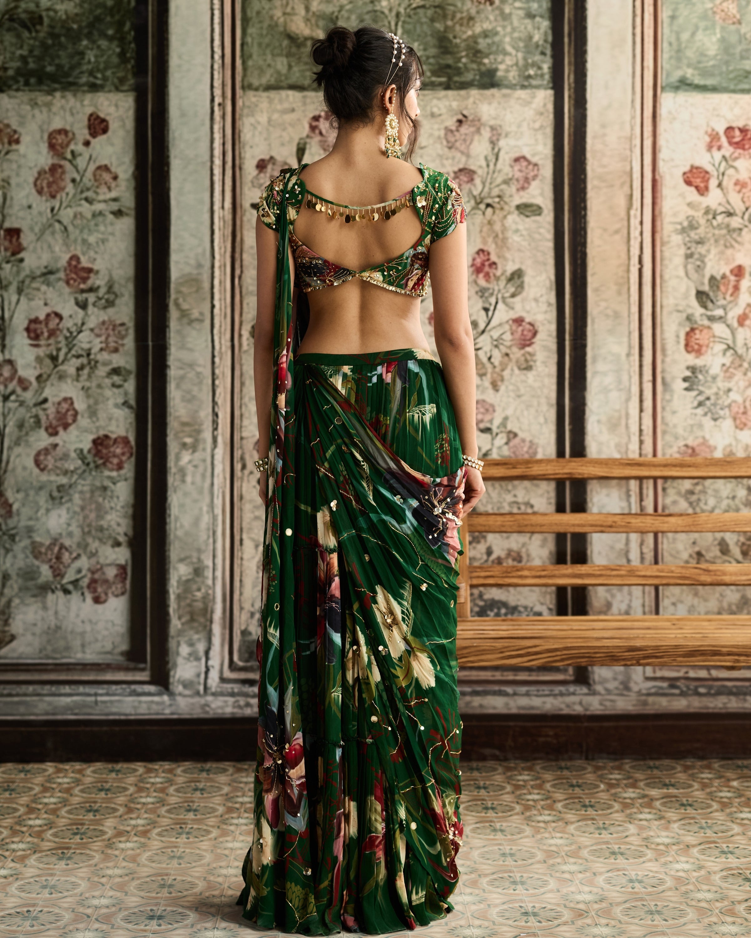 Green Floral Print And Skirt Sari Set