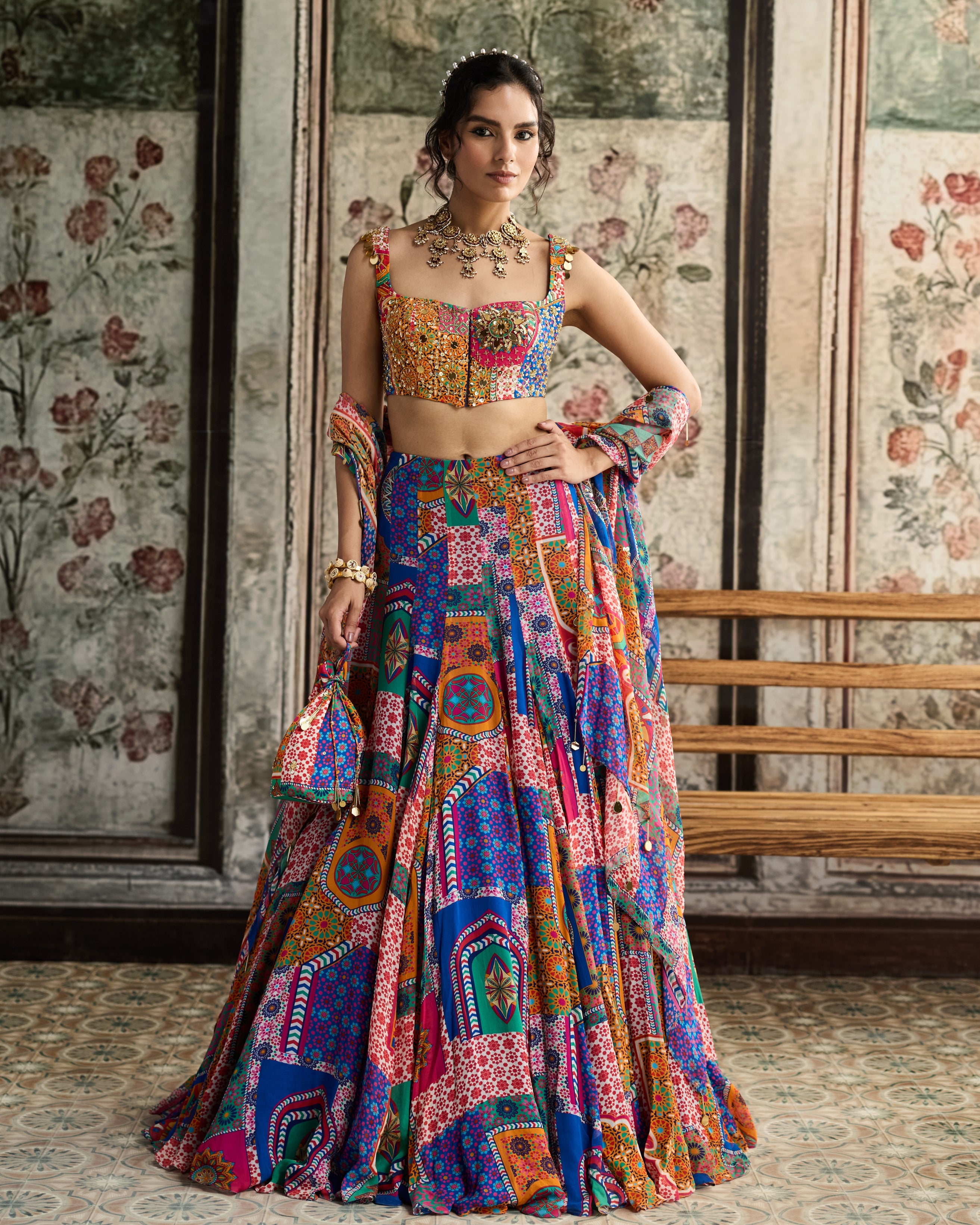 Multi-Color Print And Criss-Cross Back Blouse With Godet Skirt Set