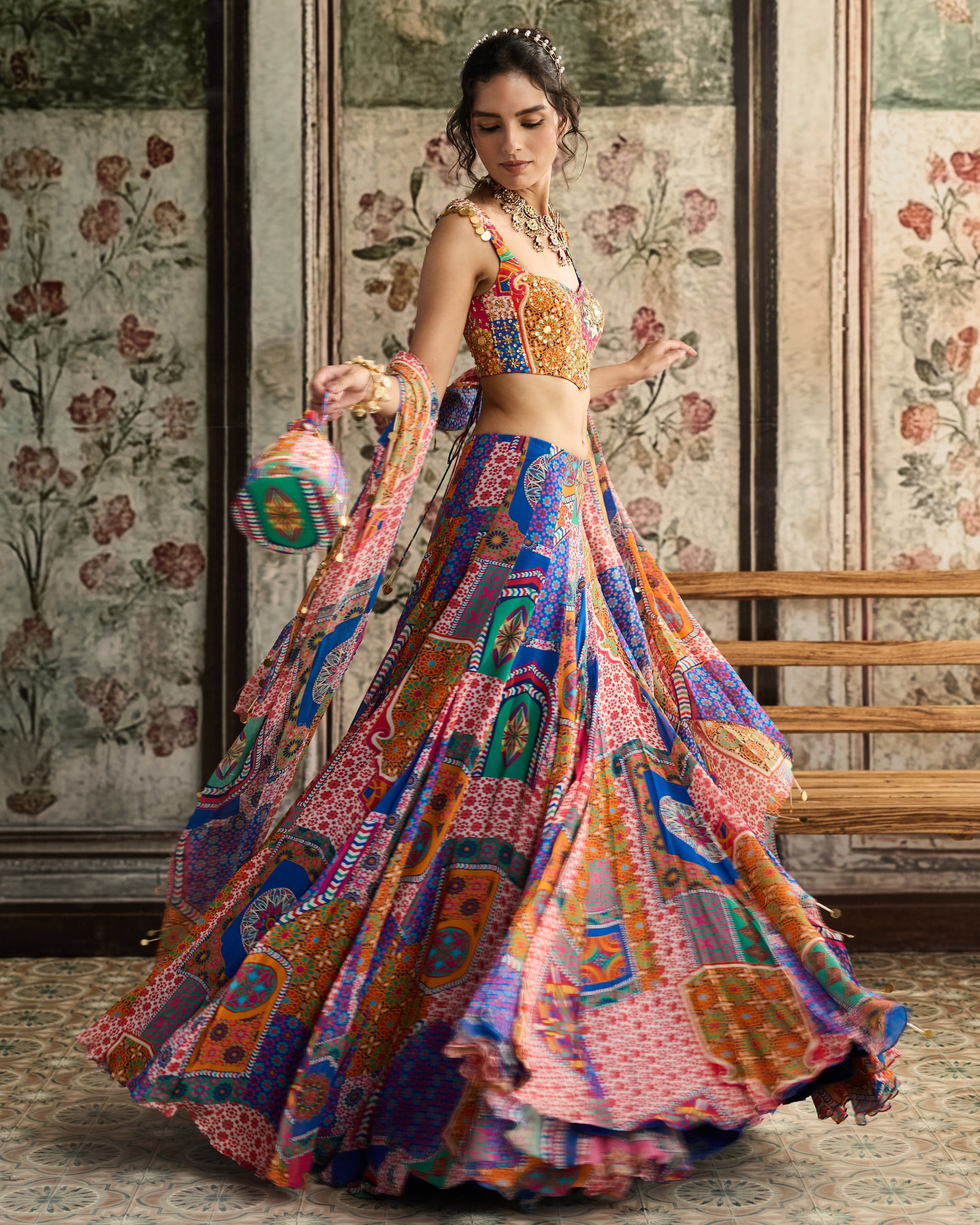 Multi-Color Print And Criss-Cross Back Blouse With Godet Skirt Set