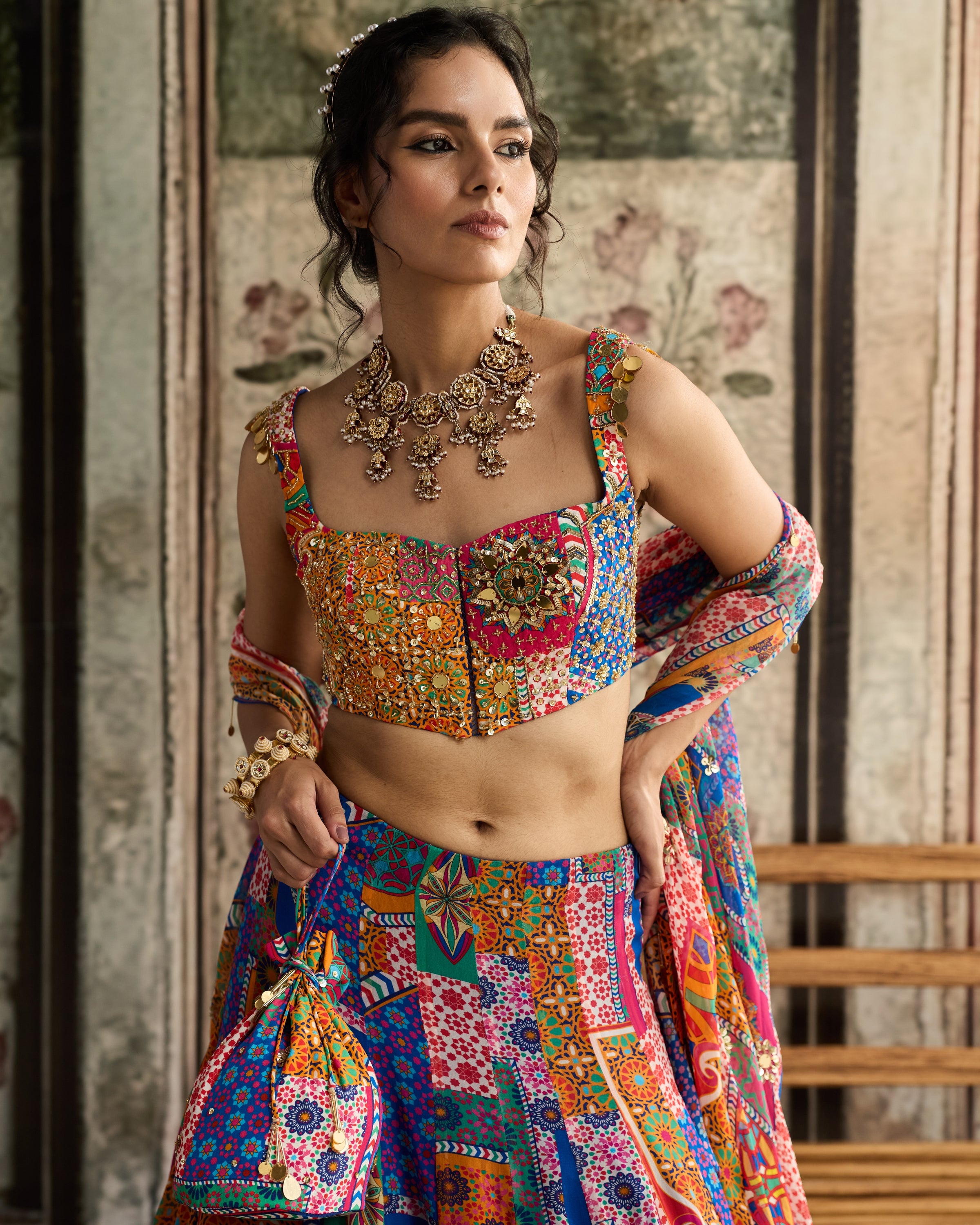 Multi-Color Print And Criss-Cross Back Blouse With Godet Skirt Set