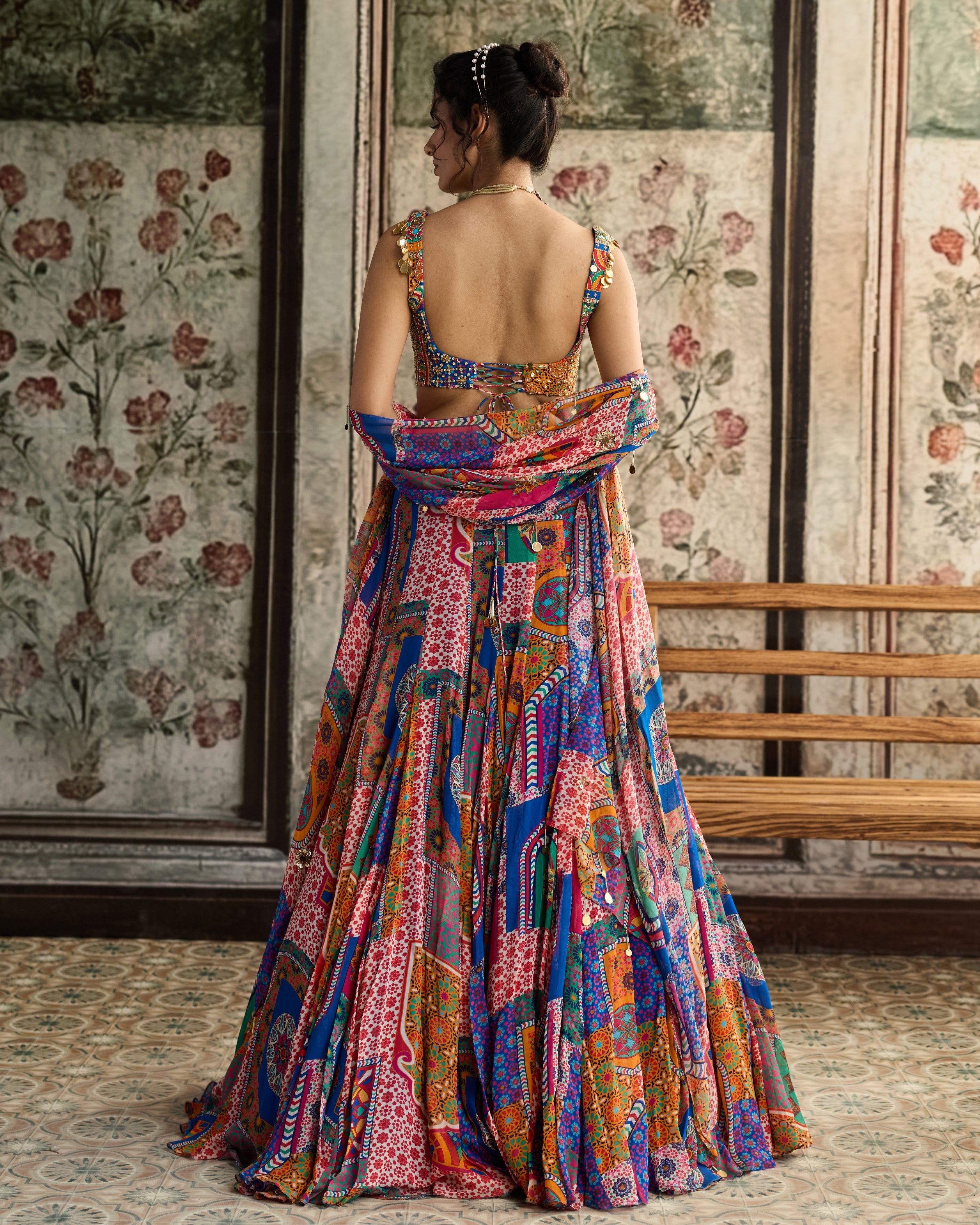 Multi-Color Print And Criss-Cross Back Blouse With Godet Skirt Set