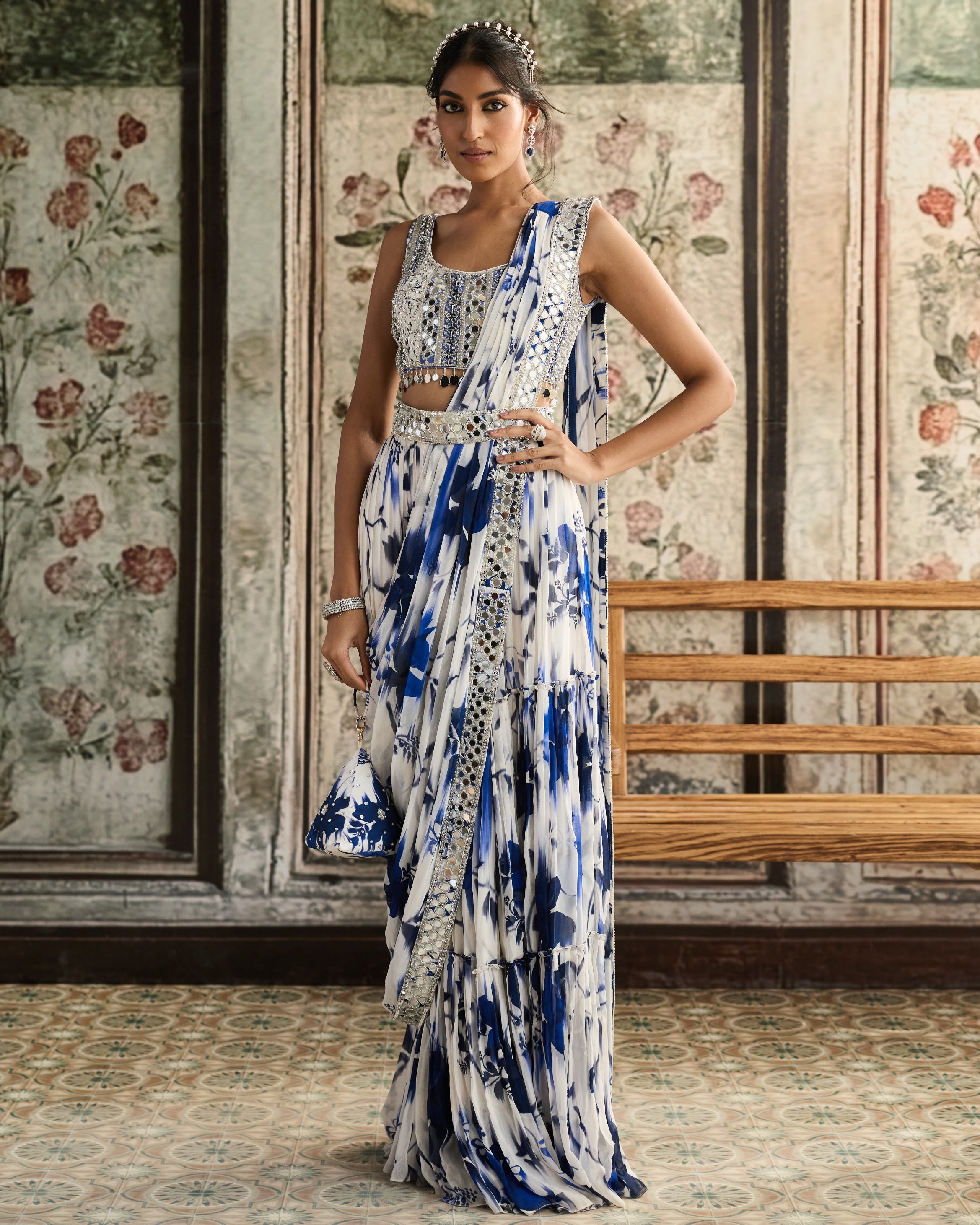 Ivory & Blue Floral Print Skirt Sari Set