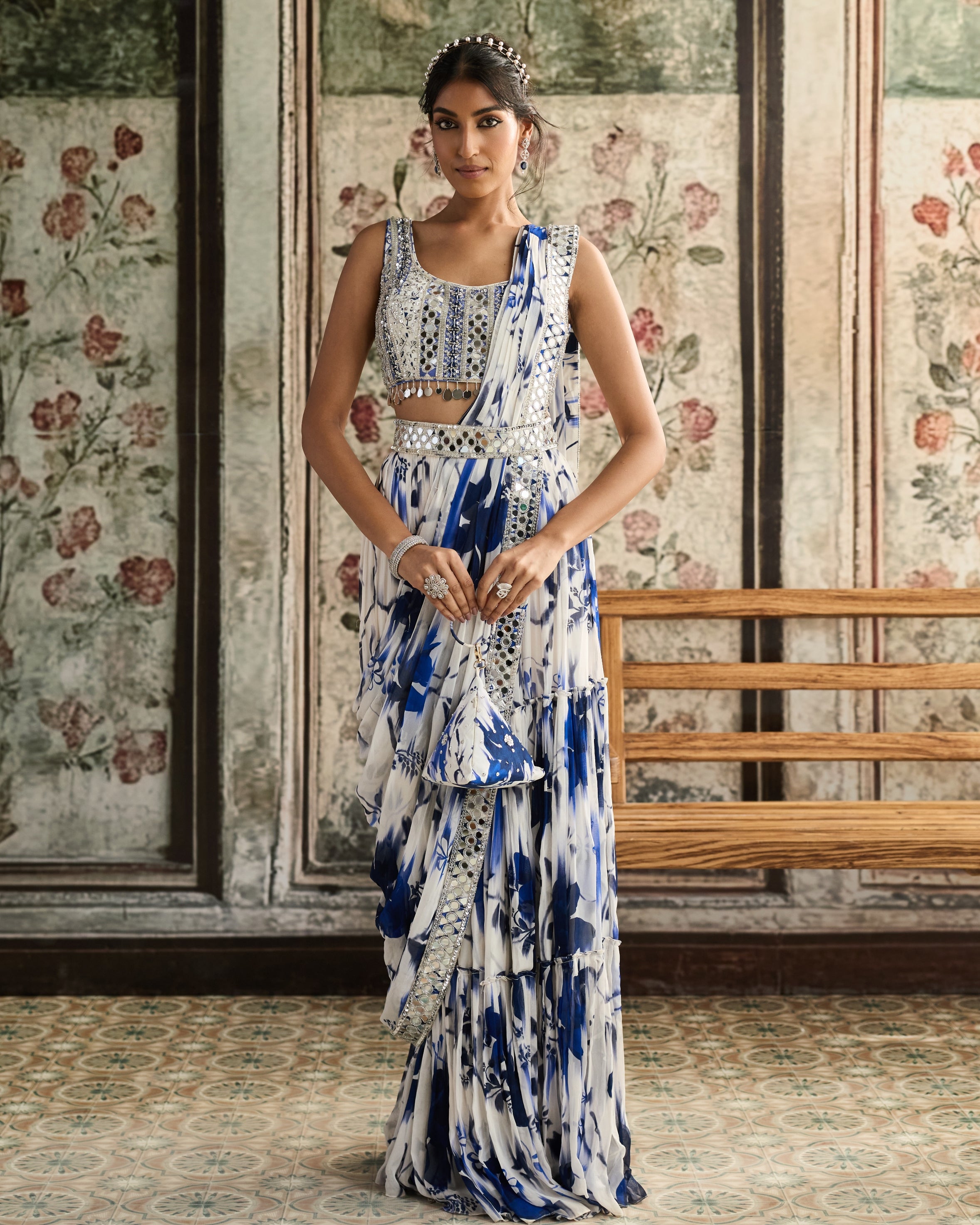 Ivory & Blue Floral Print Skirt Sari Set