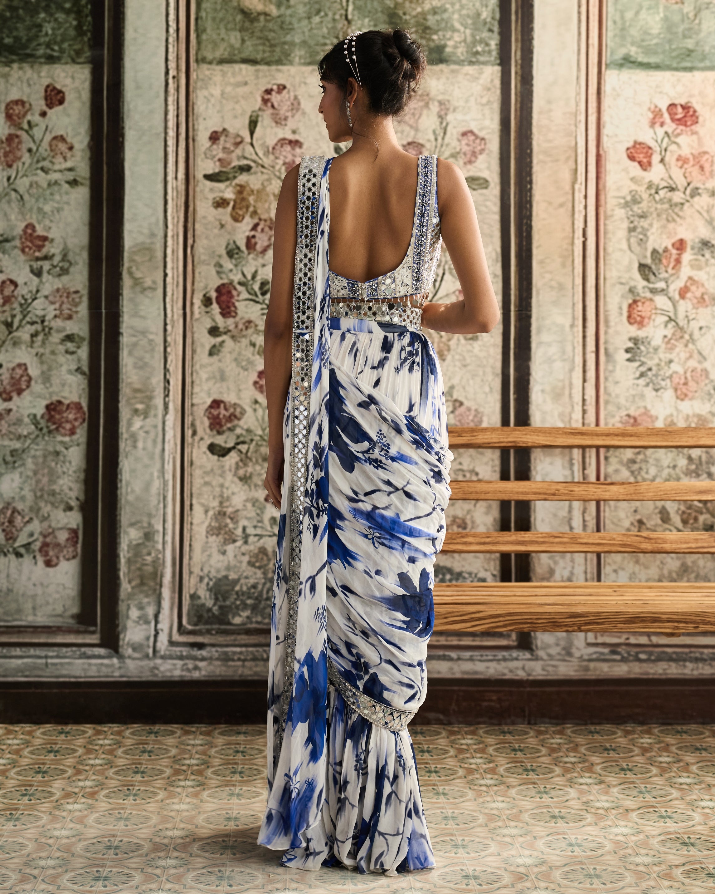 Ivory & Blue Floral Print Skirt Sari Set
