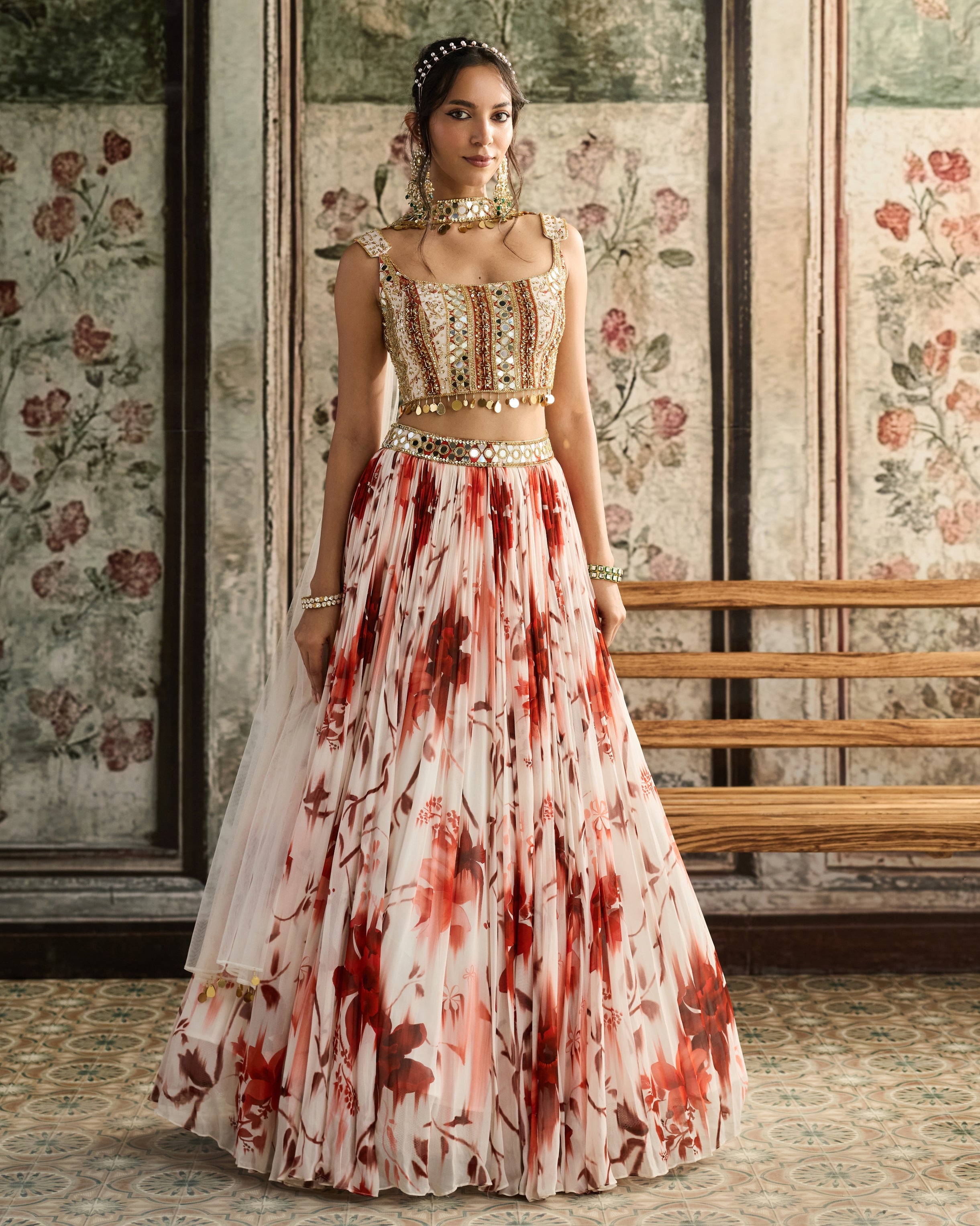 Ivory & Rust Floral Printed Lehenga Set