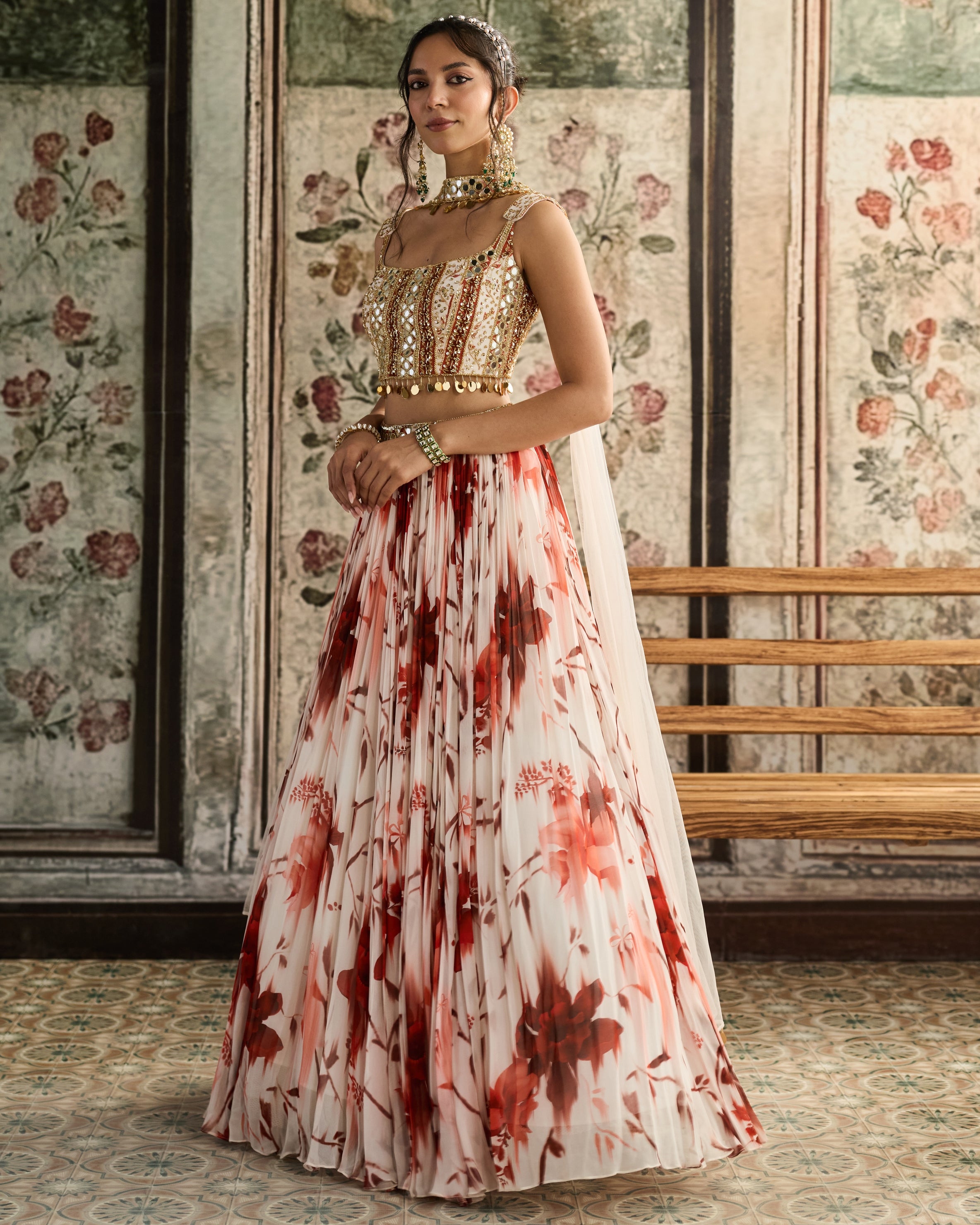 Ivory & Rust Floral Printed Lehenga Set