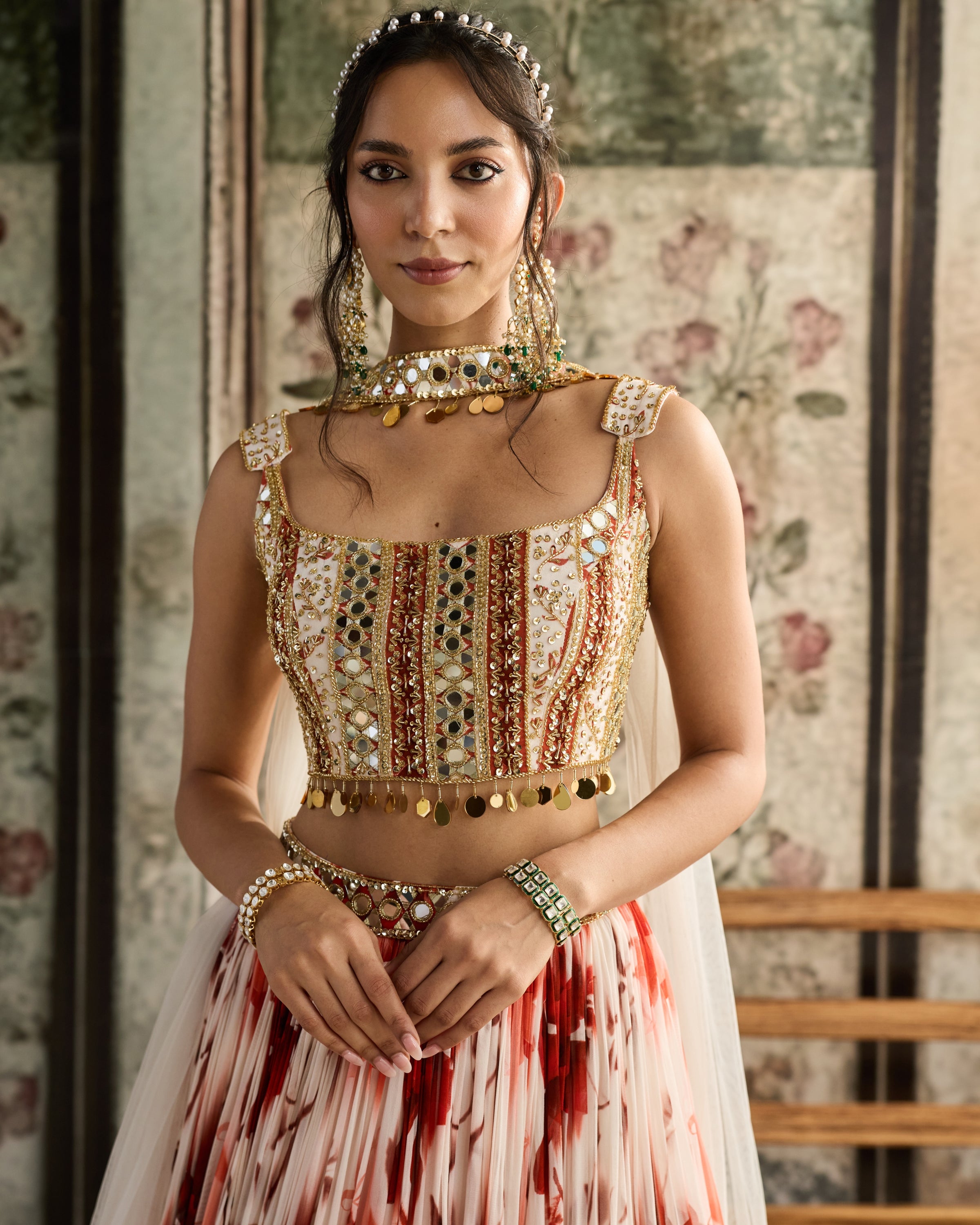 Ivory & Rust Floral Printed Lehenga Set