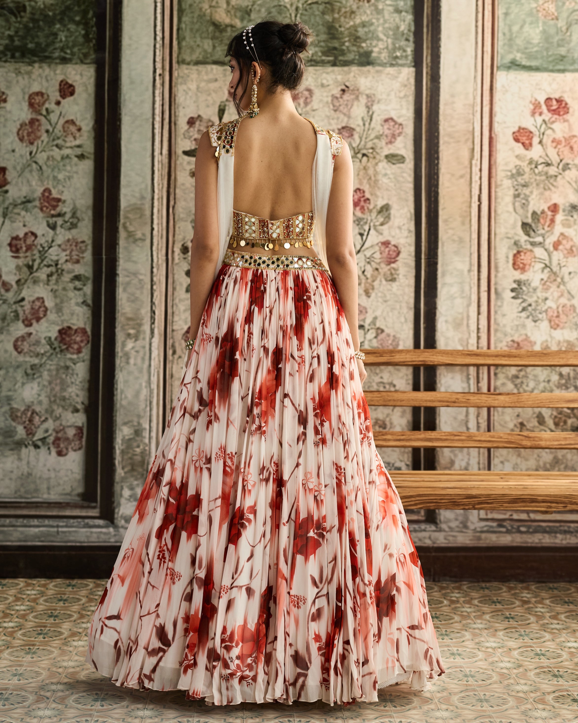 Ivory & Rust Floral Printed Lehenga Set