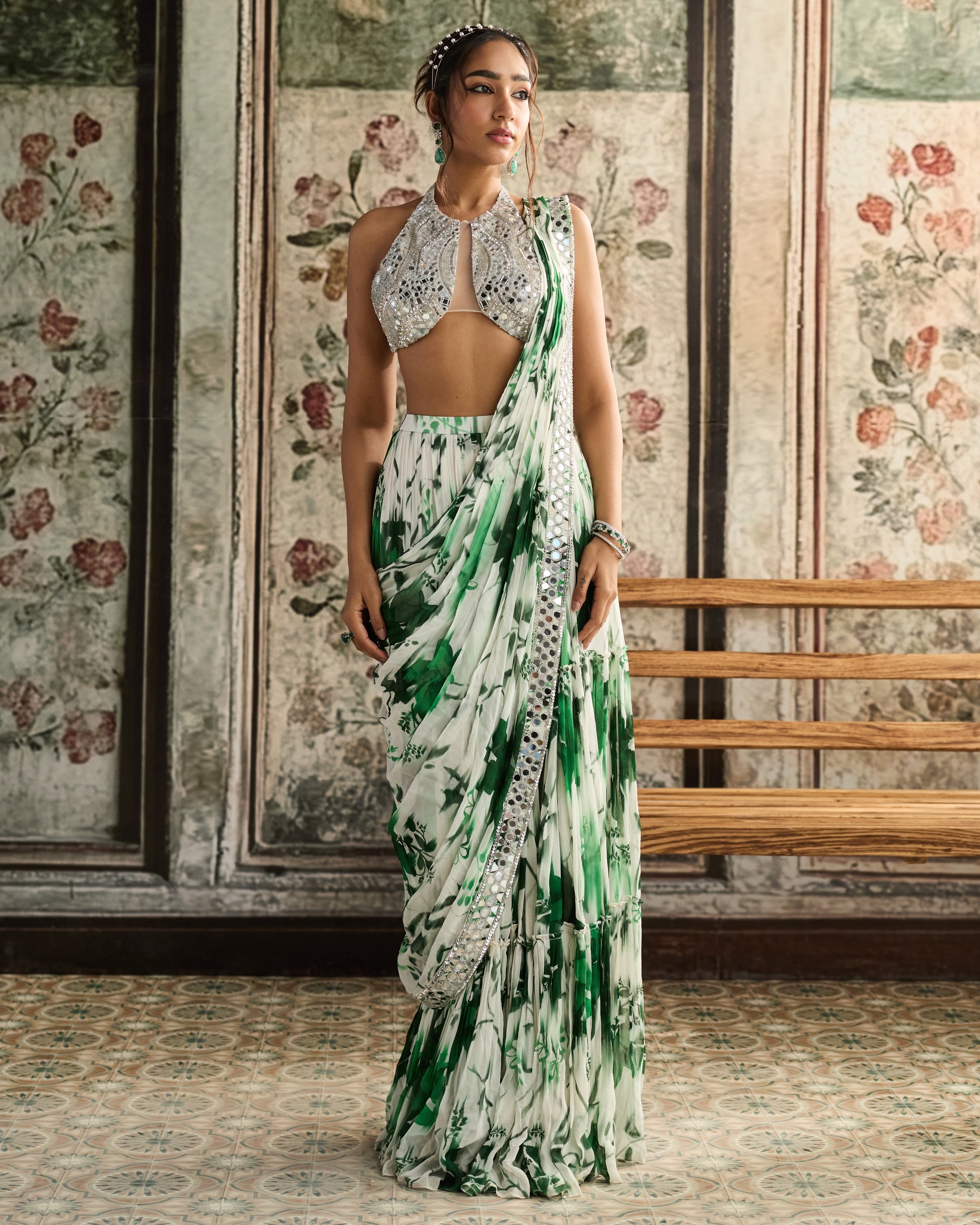 Ivory & Green Floral Print Skirt Sari Set