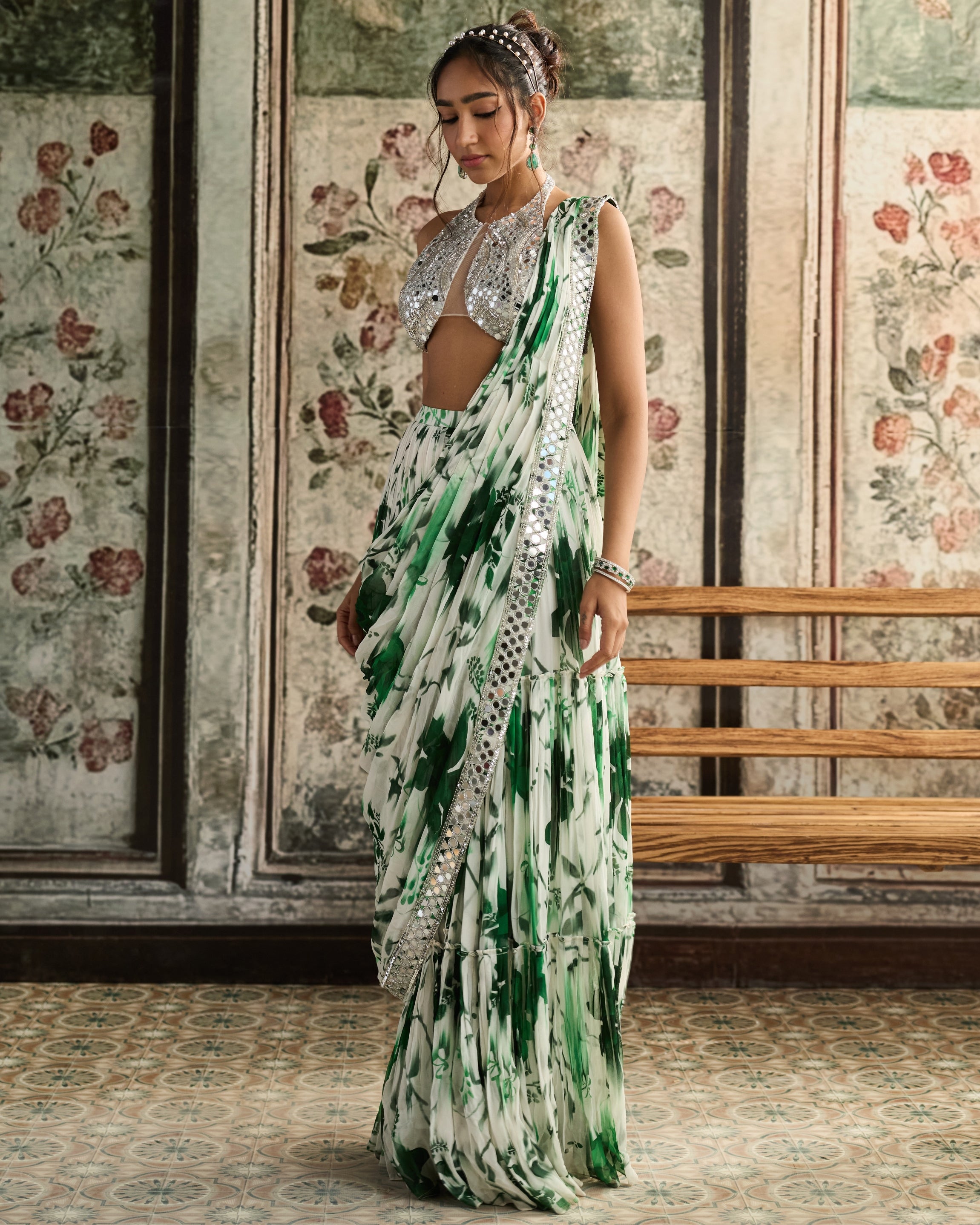 Ivory & Green Floral Print Skirt Sari Set