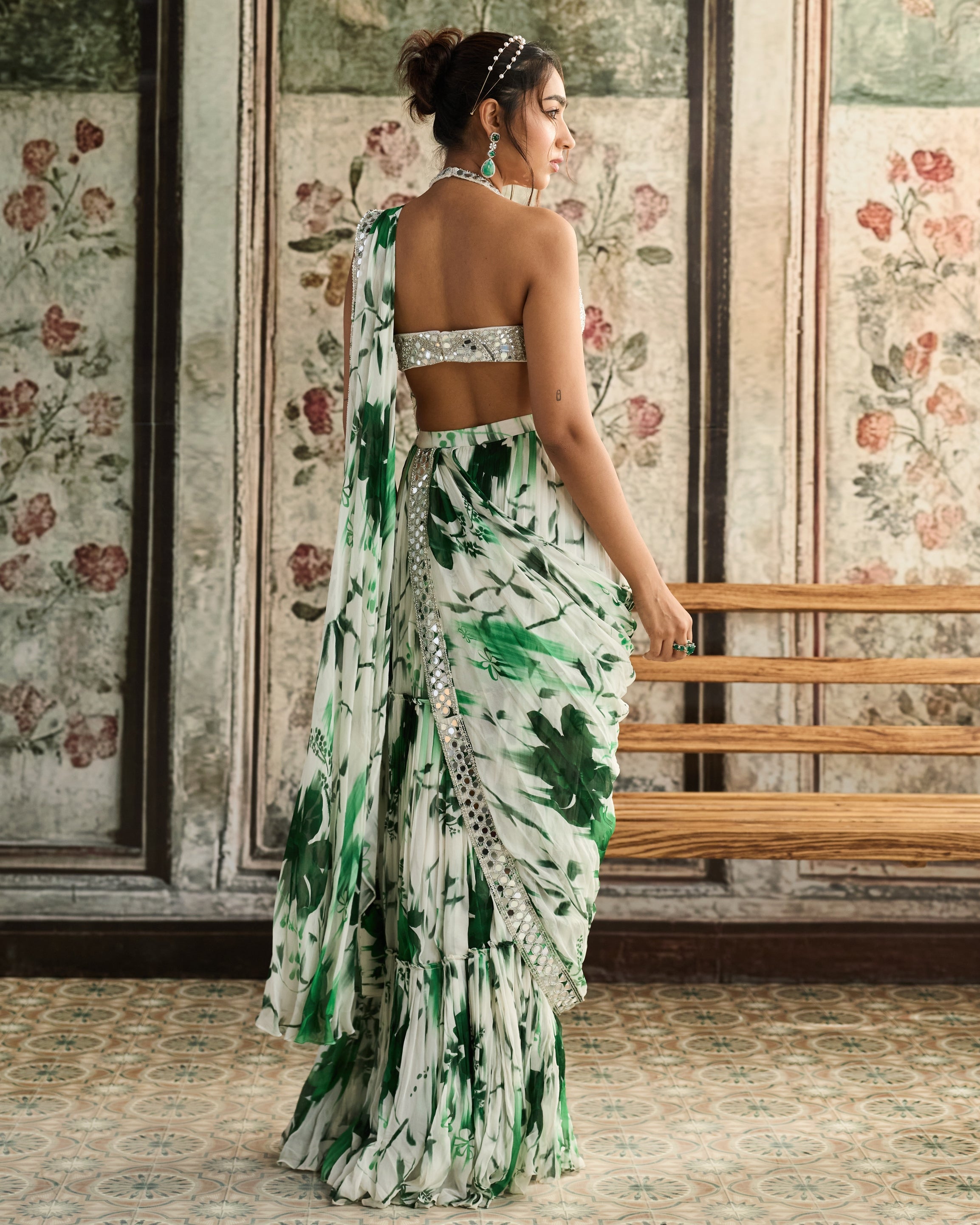 Ivory & Green Floral Print Skirt Sari Set