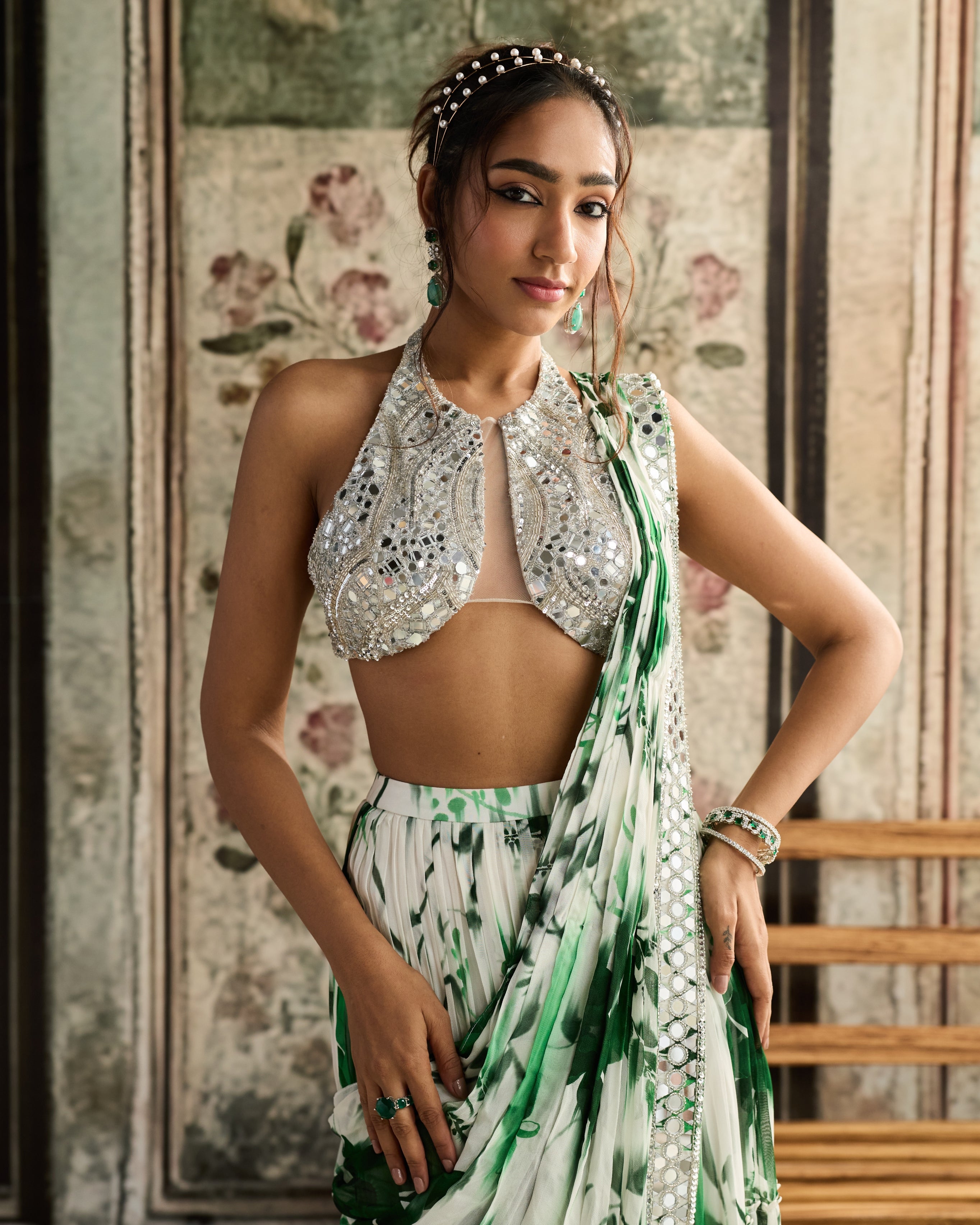 Ivory & Green Floral Print Skirt Sari Set