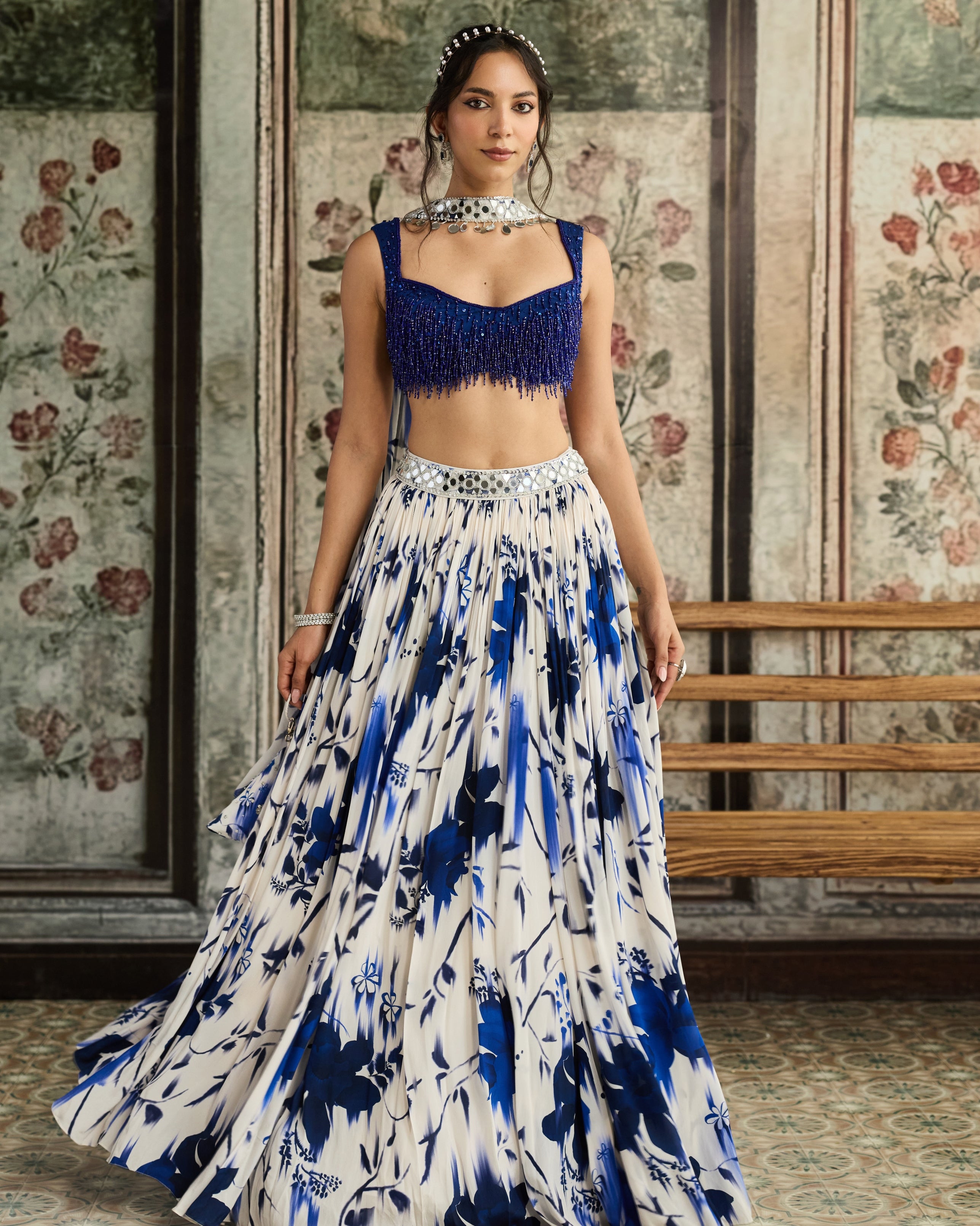 Ivory & Blue Floral Printed Lehenga Set