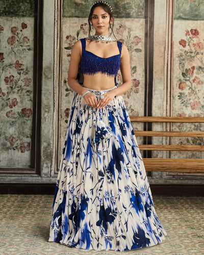 Ivory & Blue Floral Printed Lehenga Set