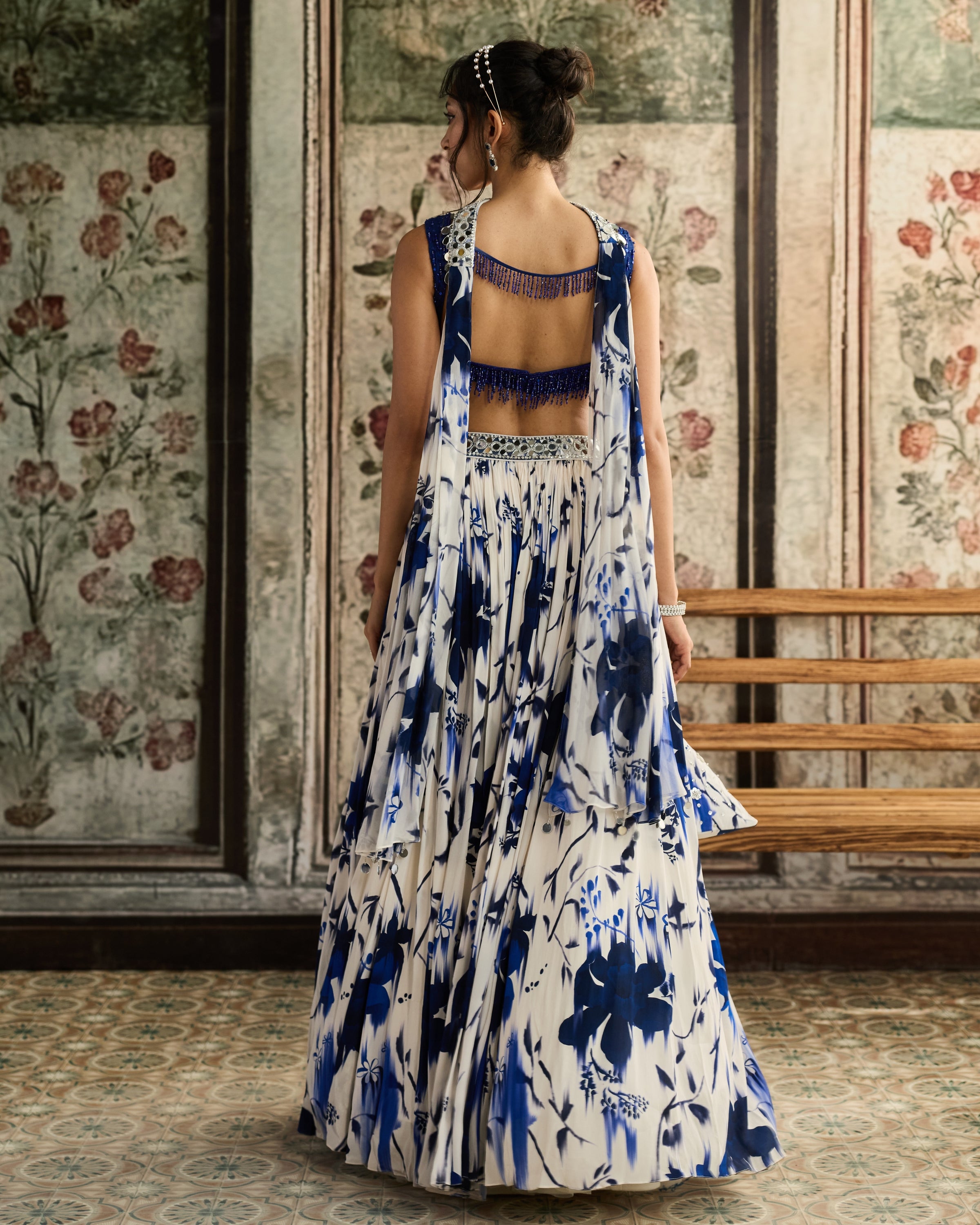 Ivory & Blue Floral Printed Lehenga Set