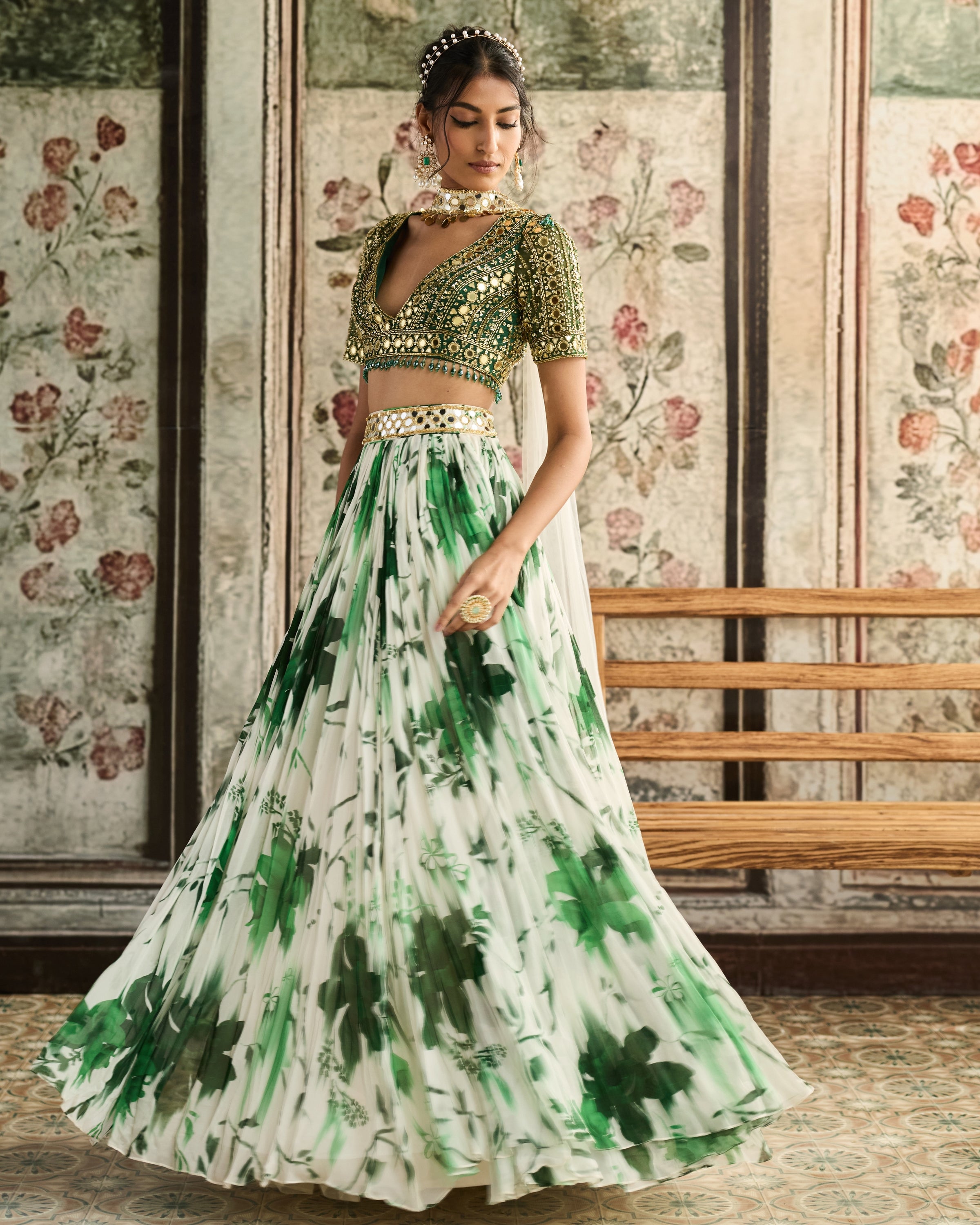 Ivory & Green Floral Printed Lehenga Set