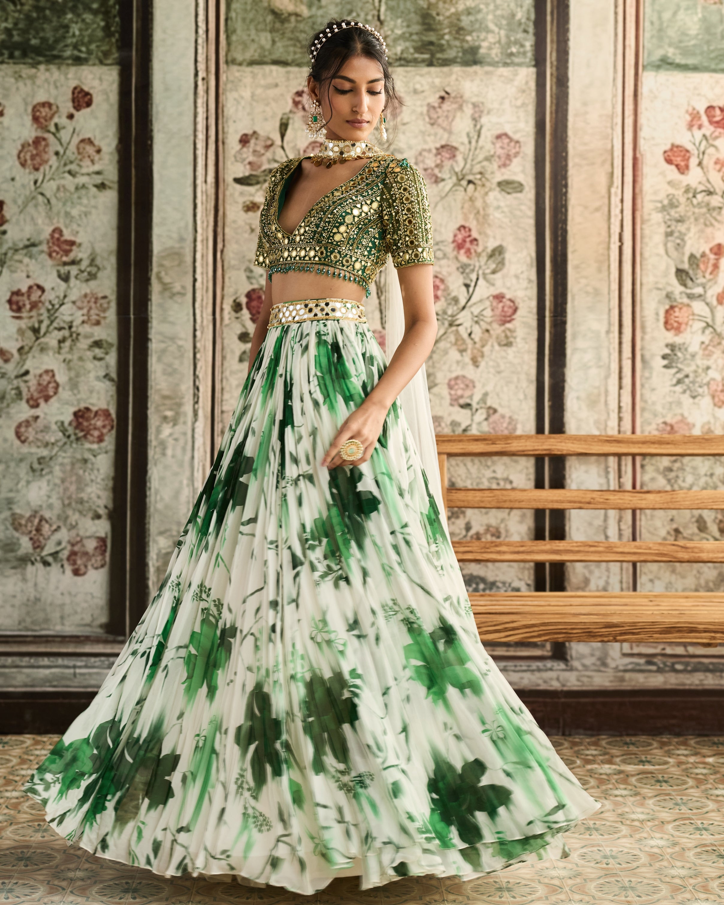 Ivory & Green Floral Printed Lehenga Set