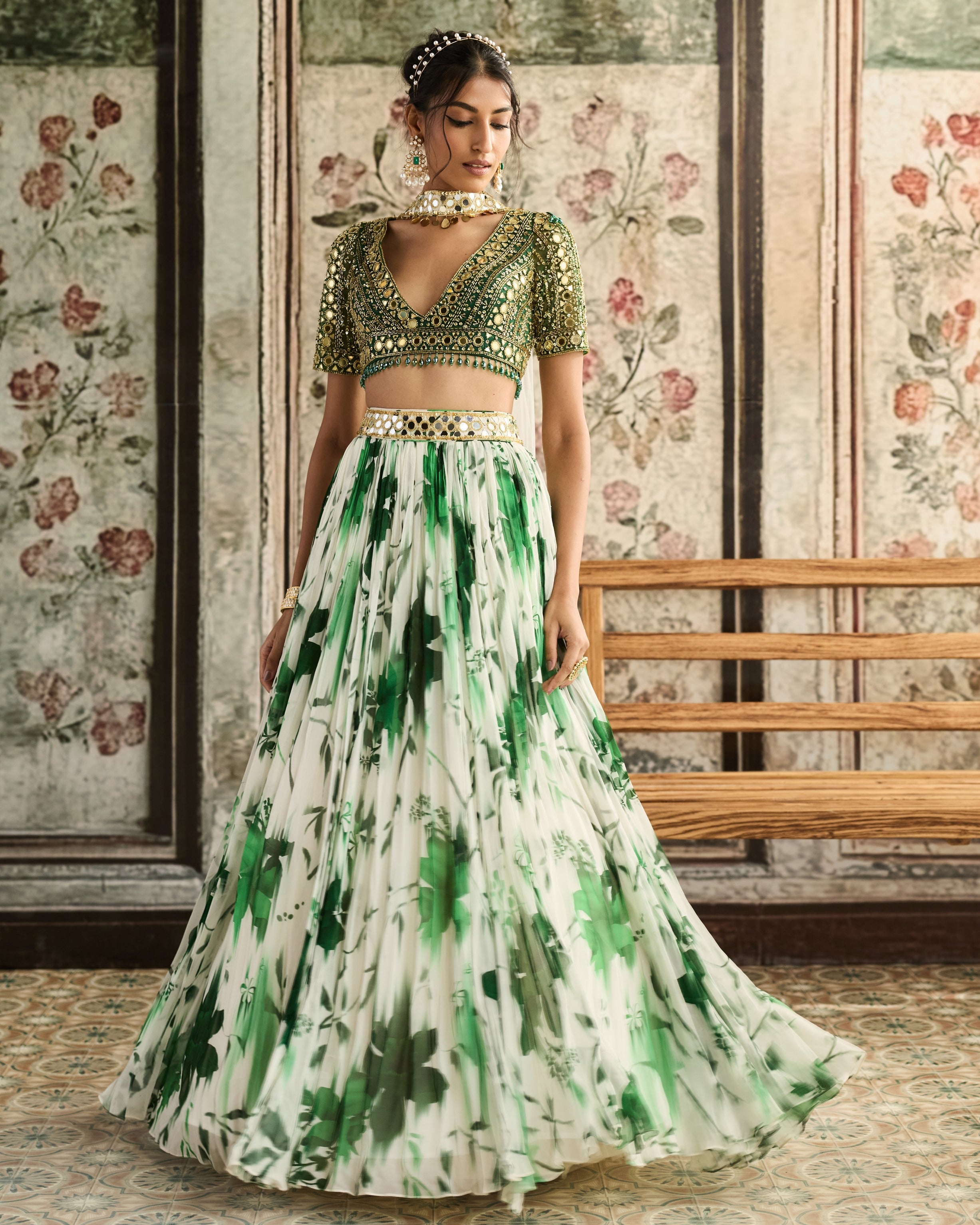 Ivory & Green Floral Printed Lehenga Set