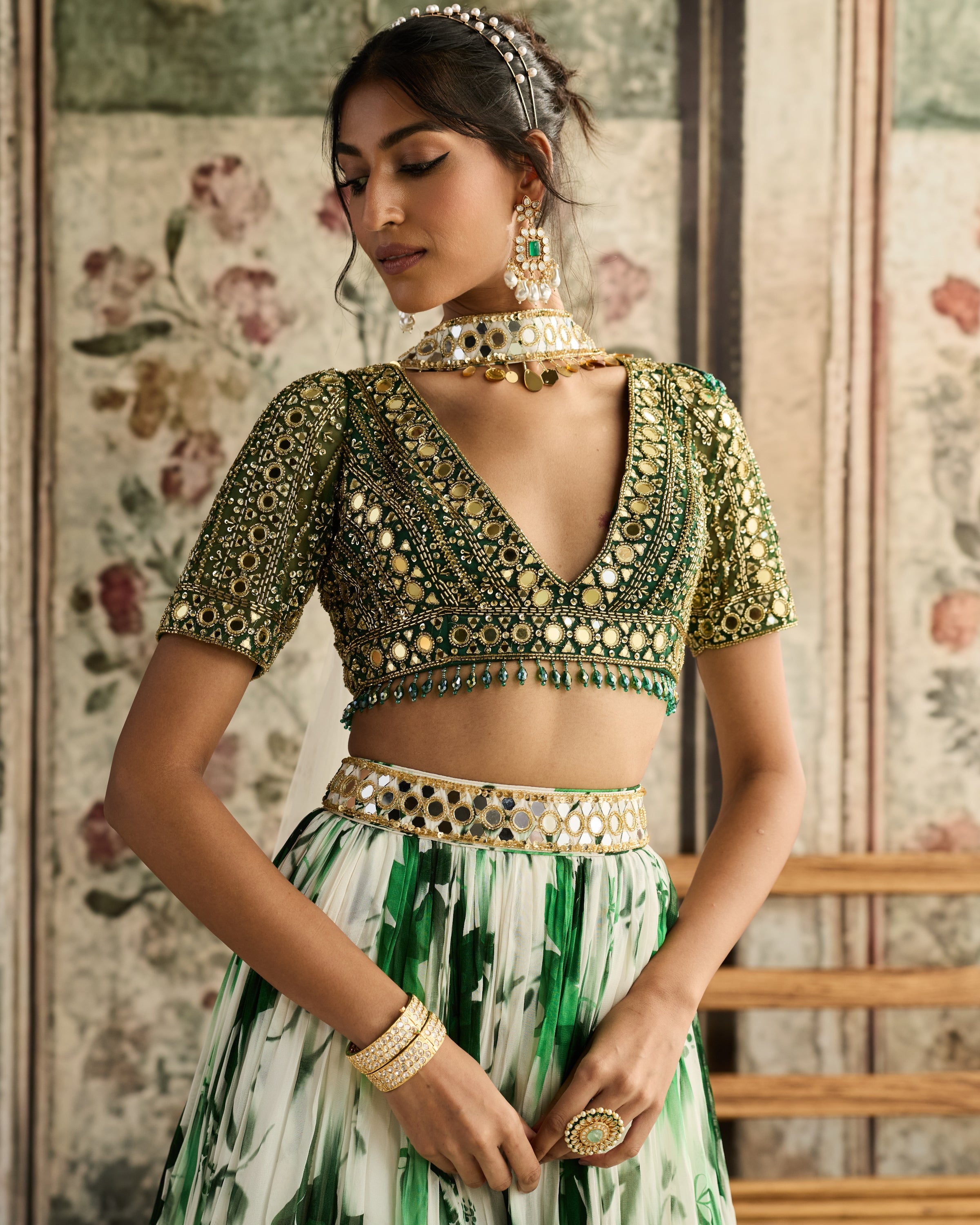 Ivory & Green Floral Printed Lehenga Set