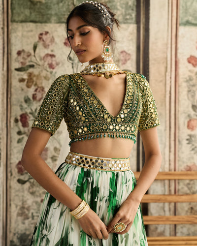 Ivory & Green Floral Printed Lehenga Set