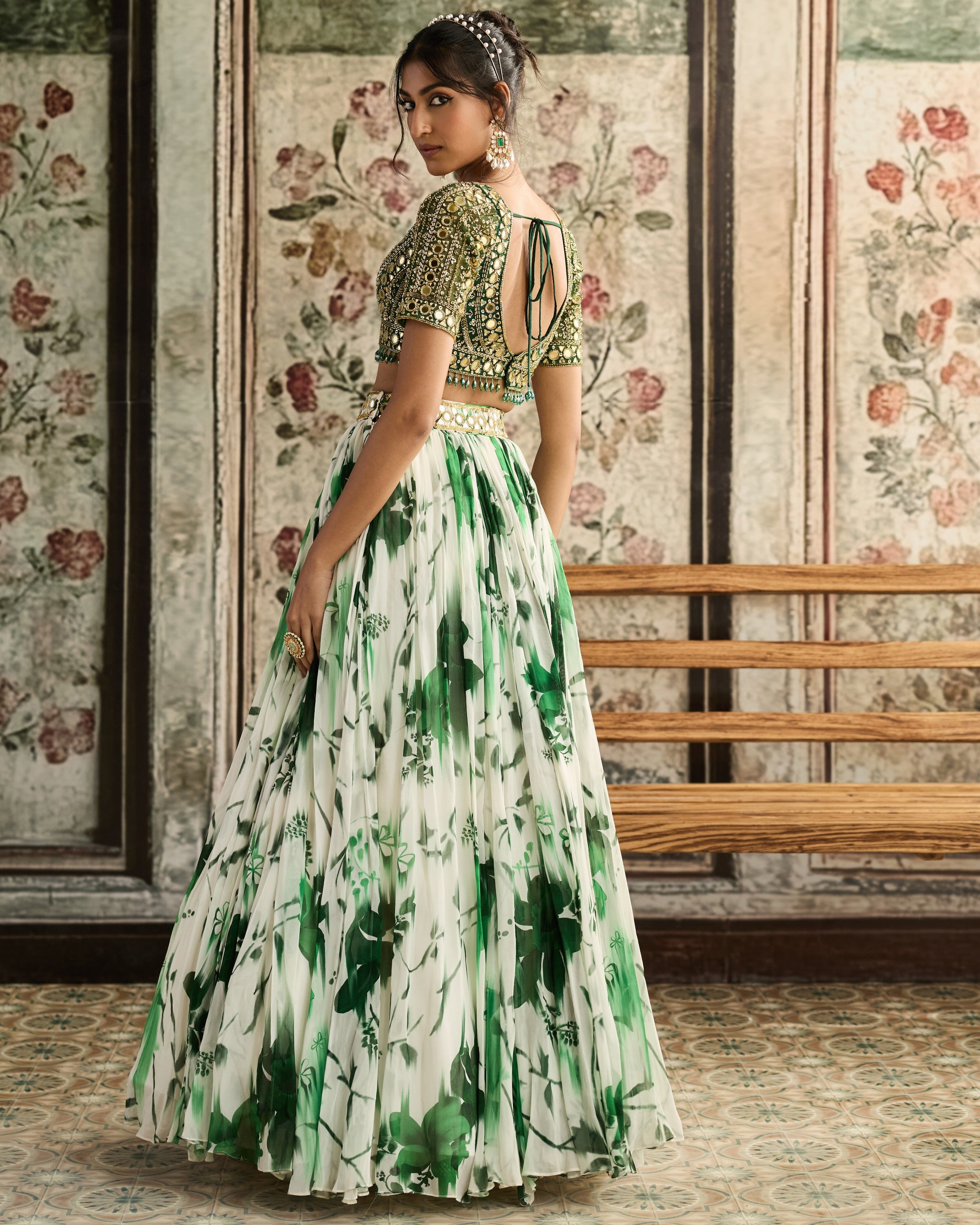 Ivory & Green Floral Printed Lehenga Set