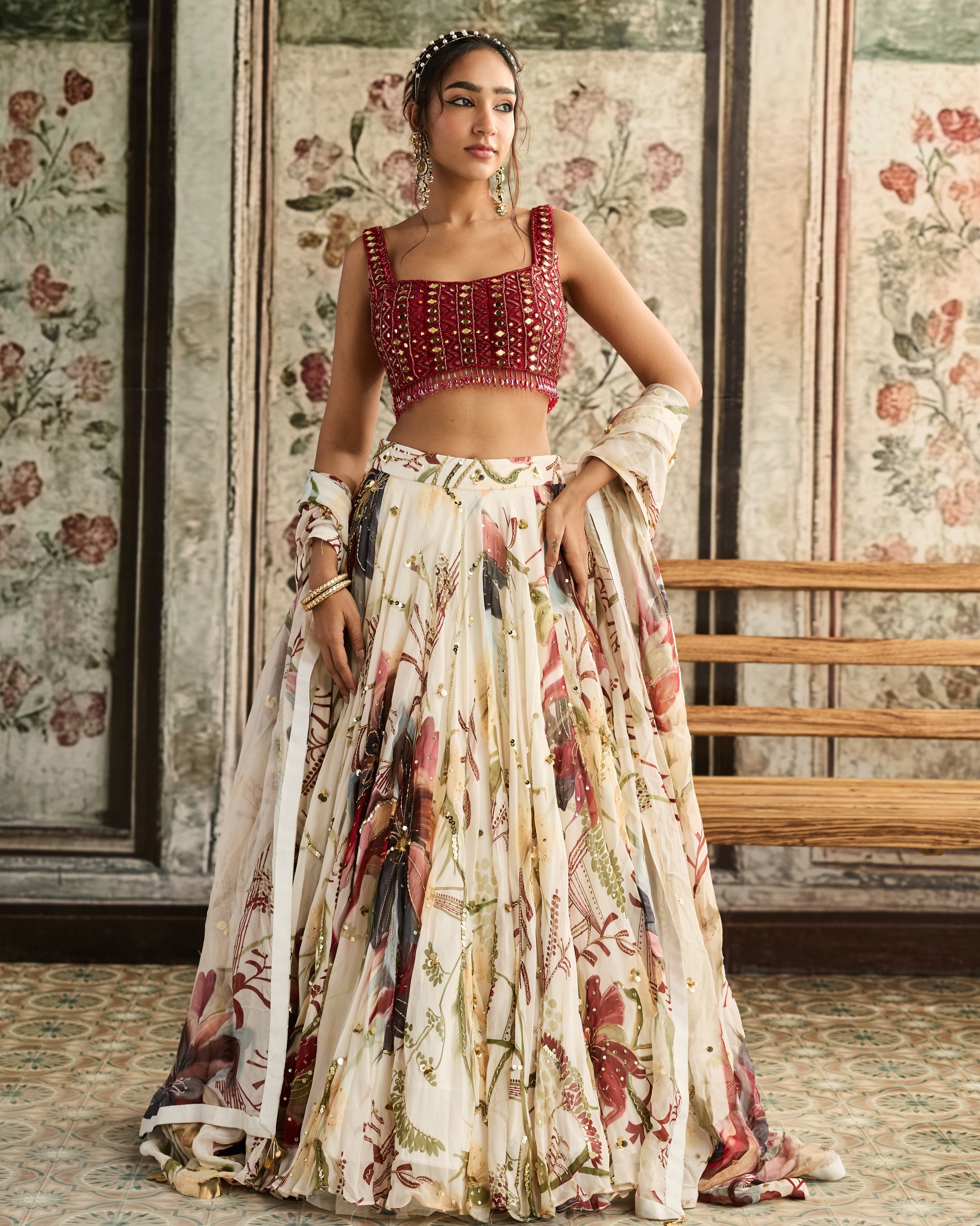Ivory And Red Floral Print Lehenga Set