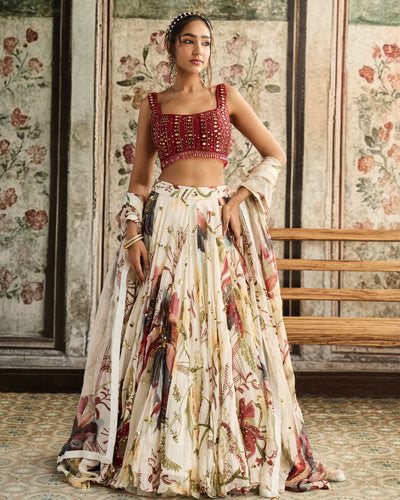 Ivory And Red Floral Print Lehenga Set