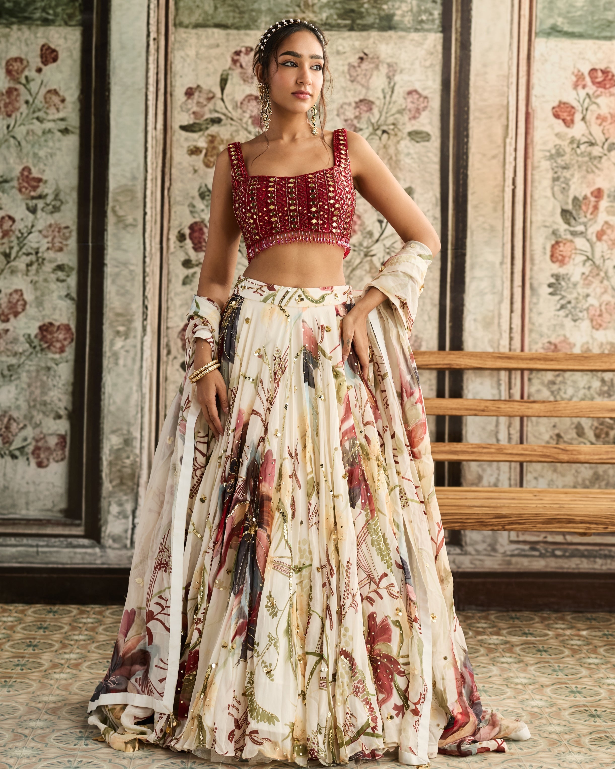 Ivory And Red Floral Print Lehenga Set