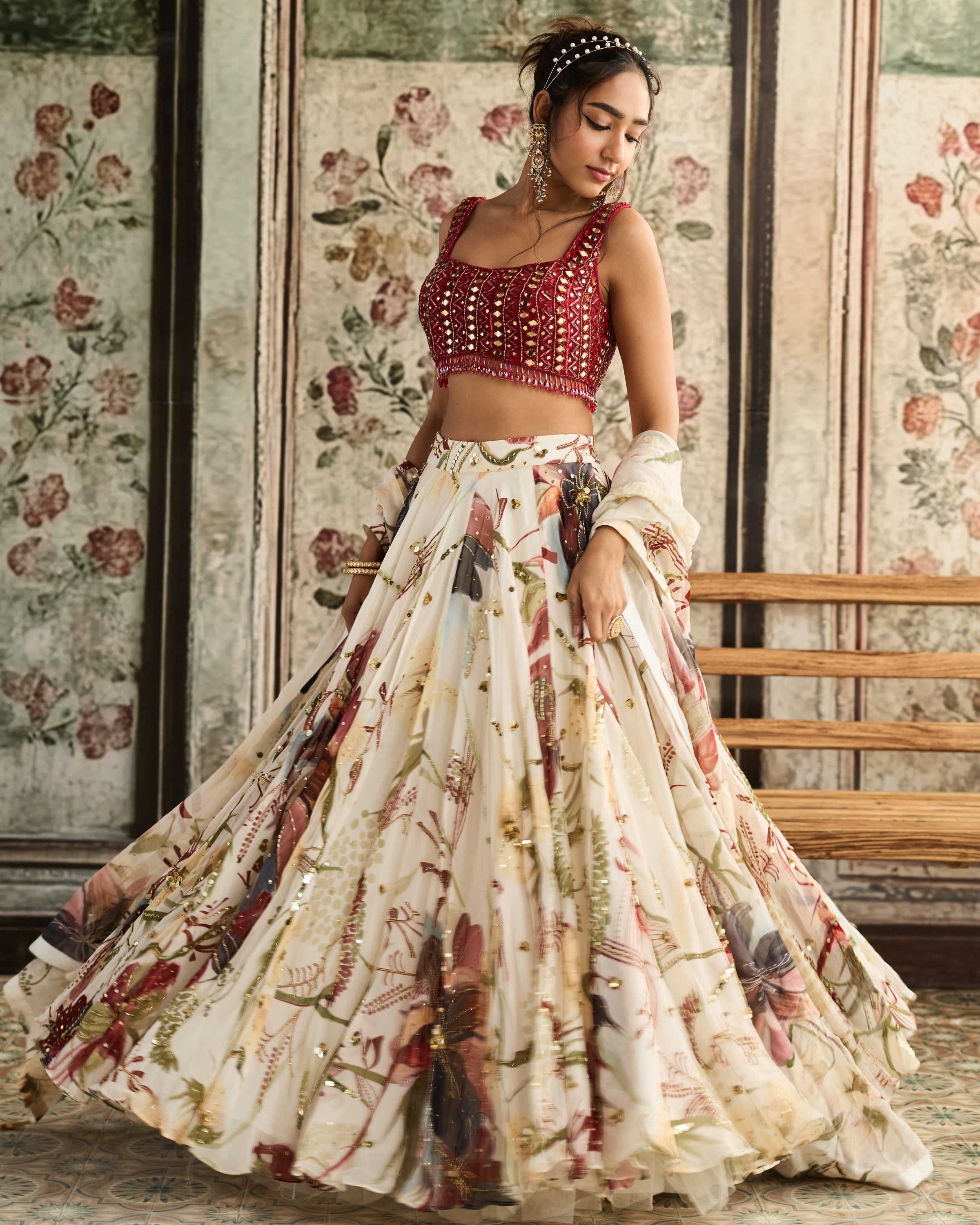 Ivory And Red Floral Print Lehenga Set