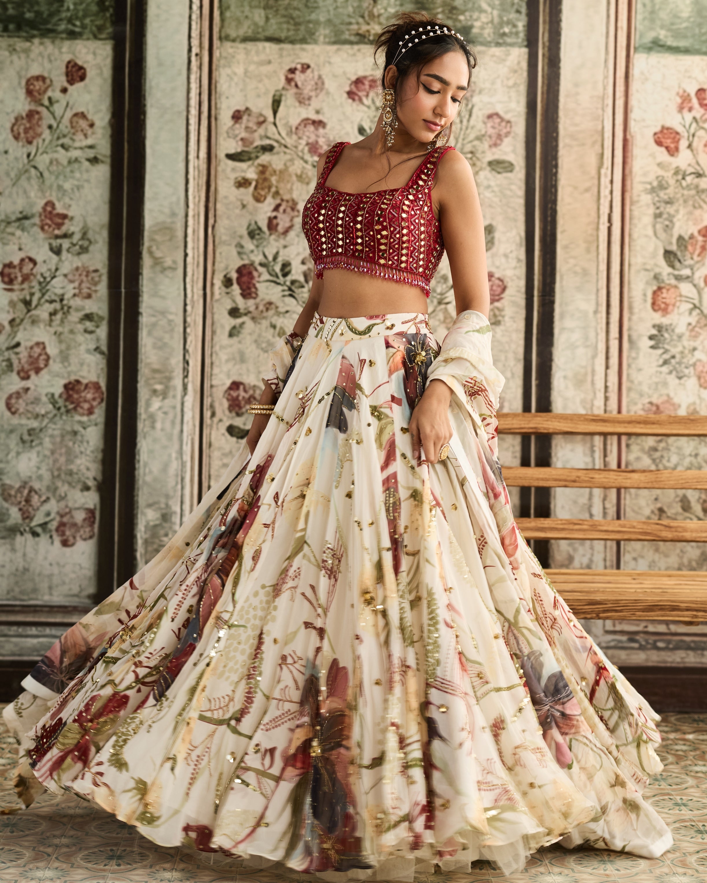 Ivory And Red Floral Print Lehenga Set