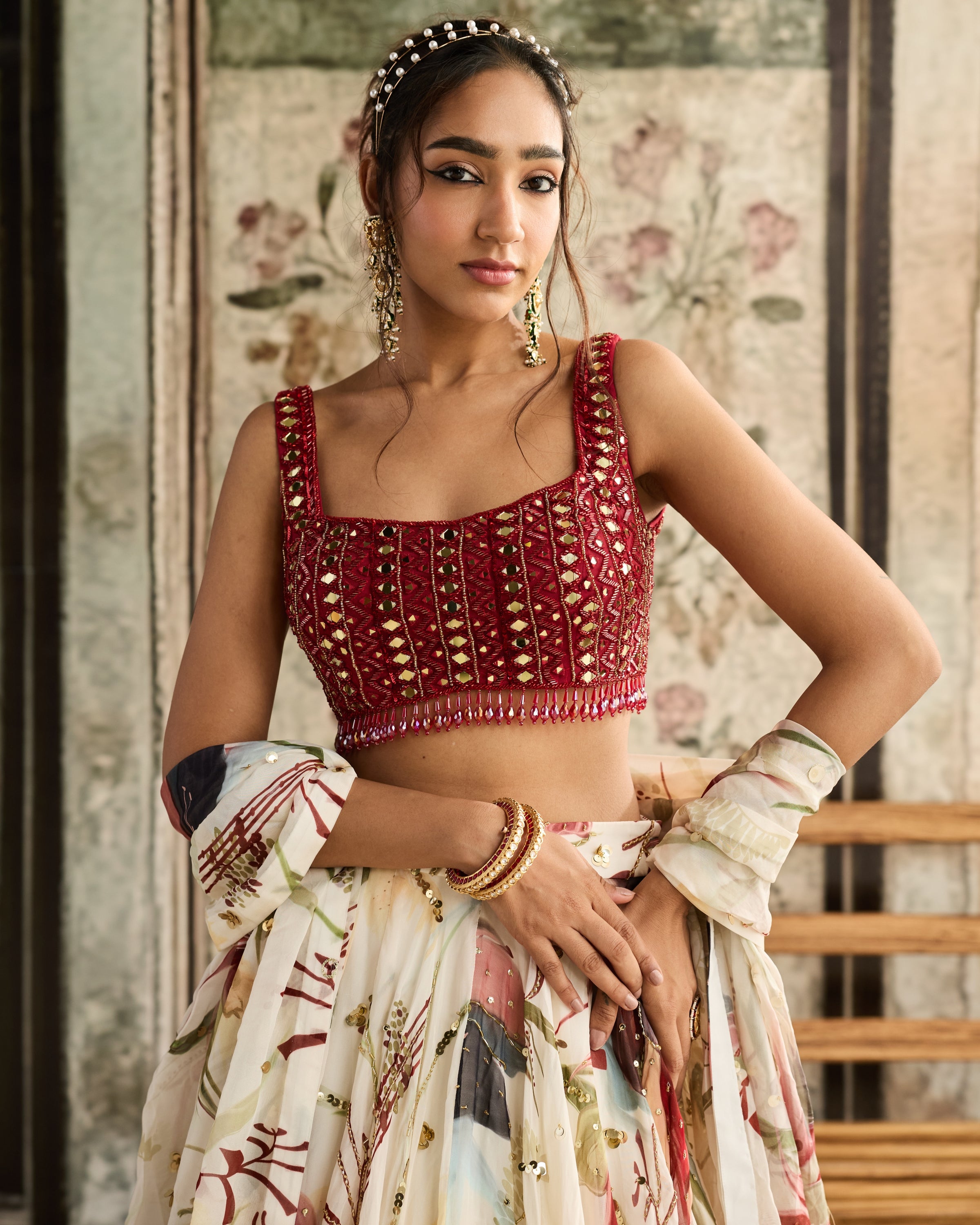 Ivory And Red Floral Print Lehenga Set