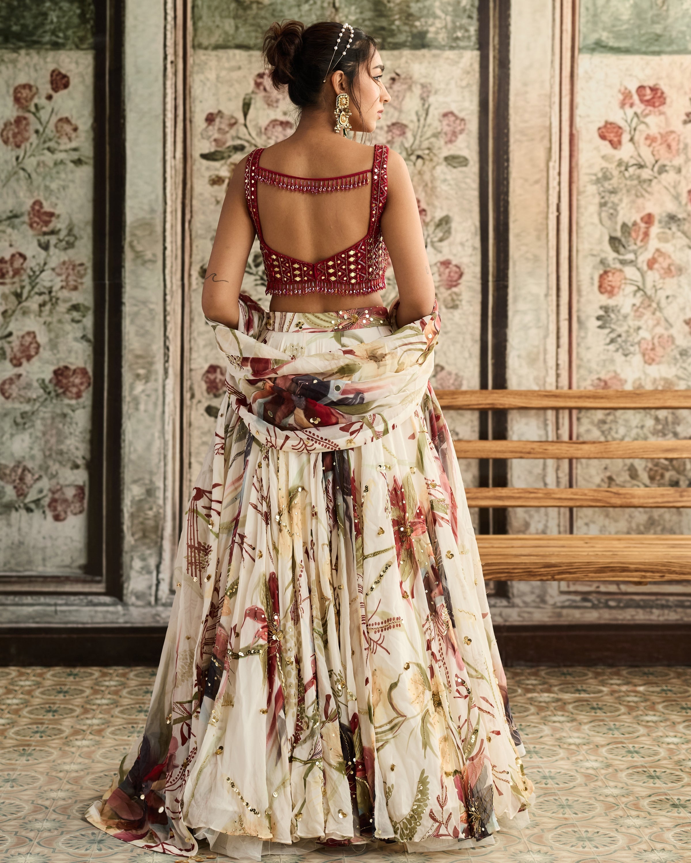 Ivory And Red Floral Print Lehenga Set