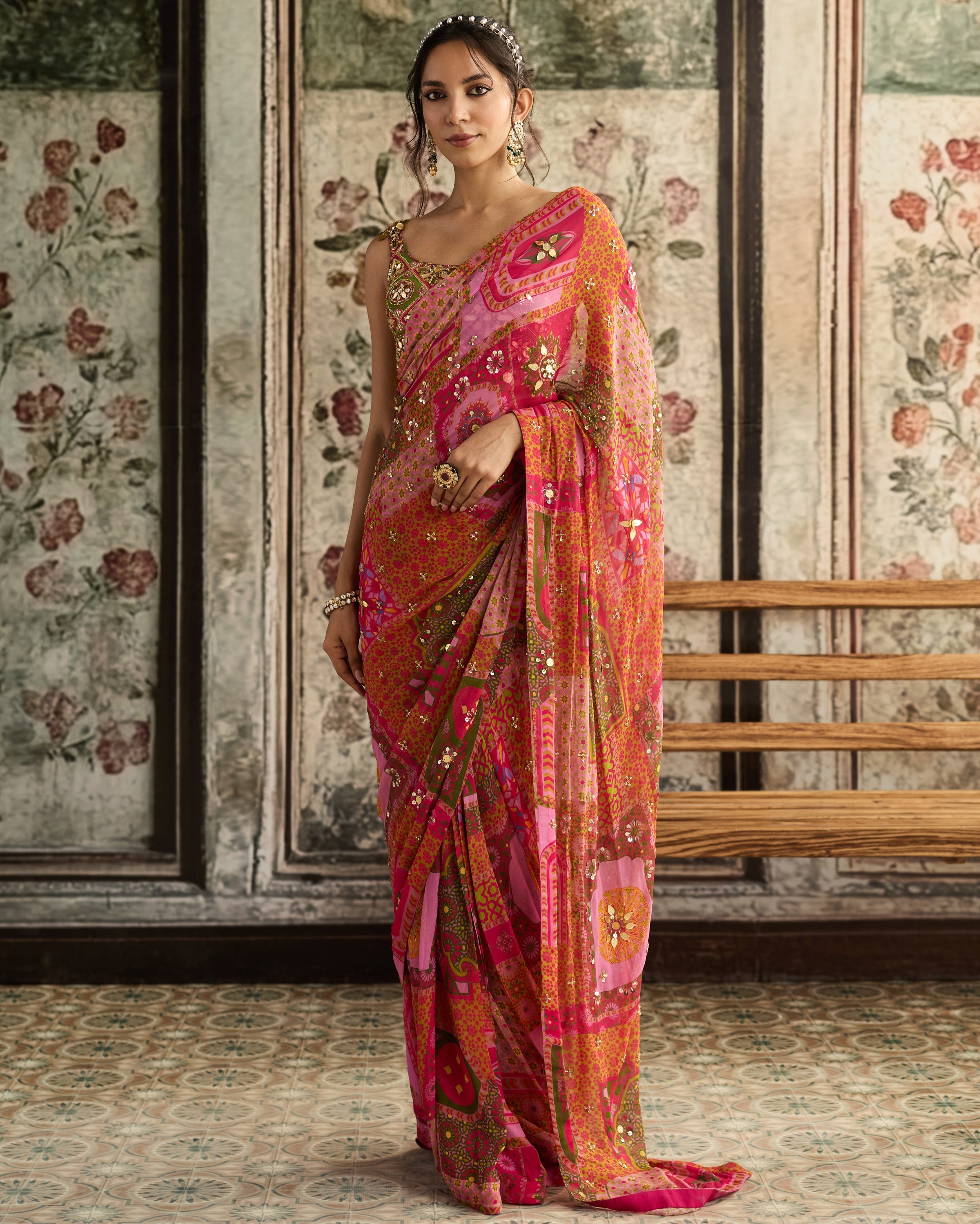 Sage & Fuchsia Pre-Draped Sari