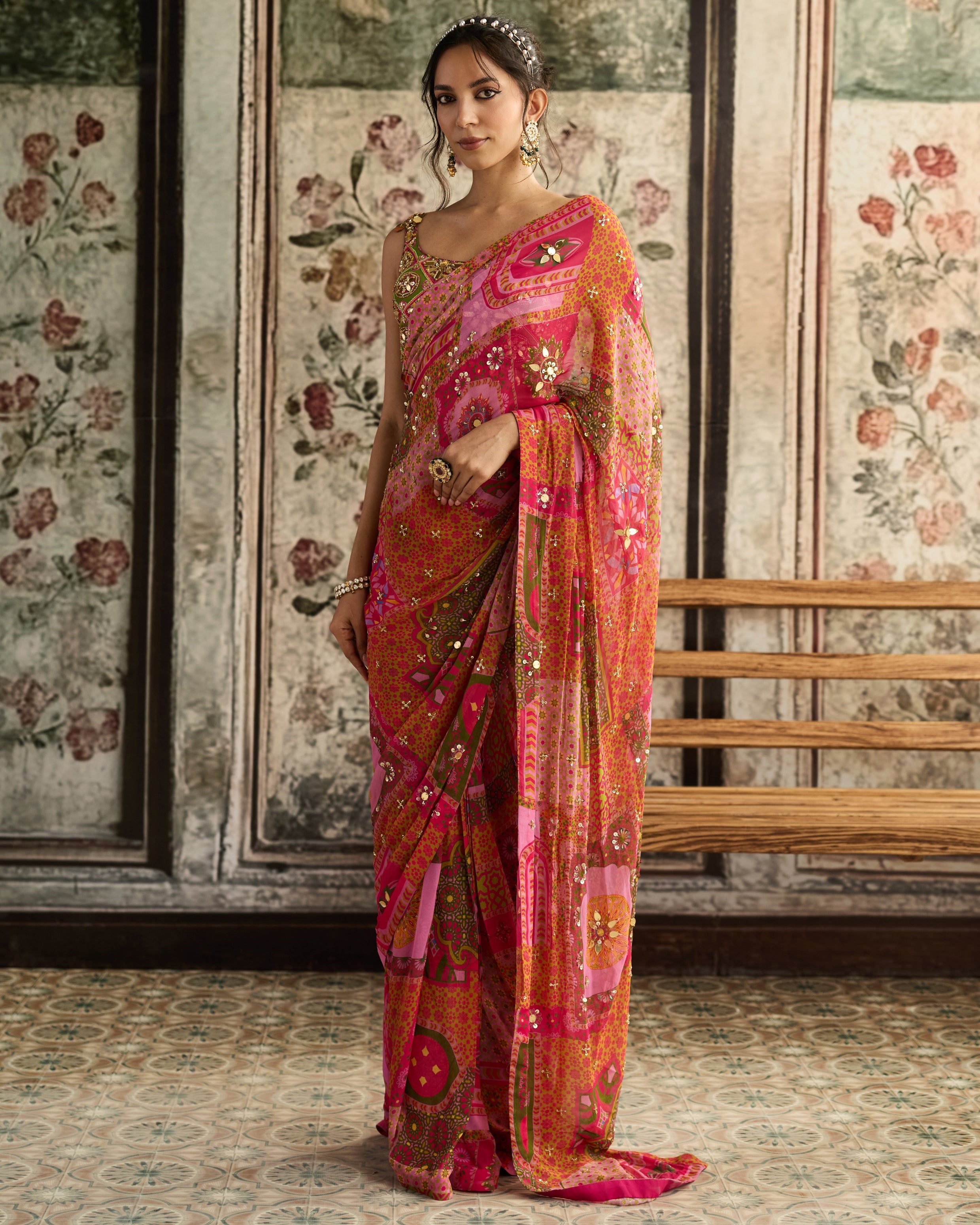 Sage & Fuchsia Pre-Draped Sari