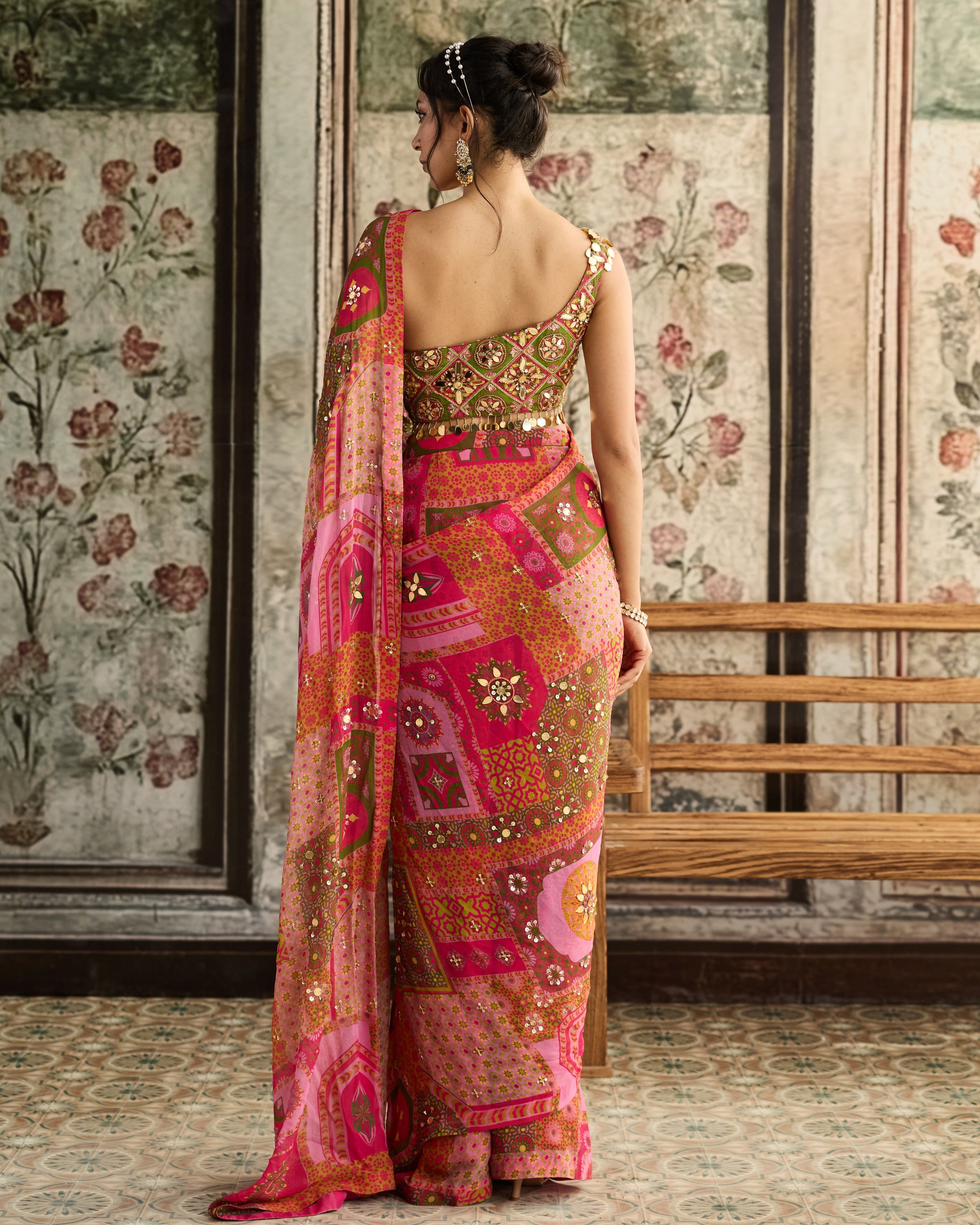 Sage & Fuchsia Pre-Draped Sari