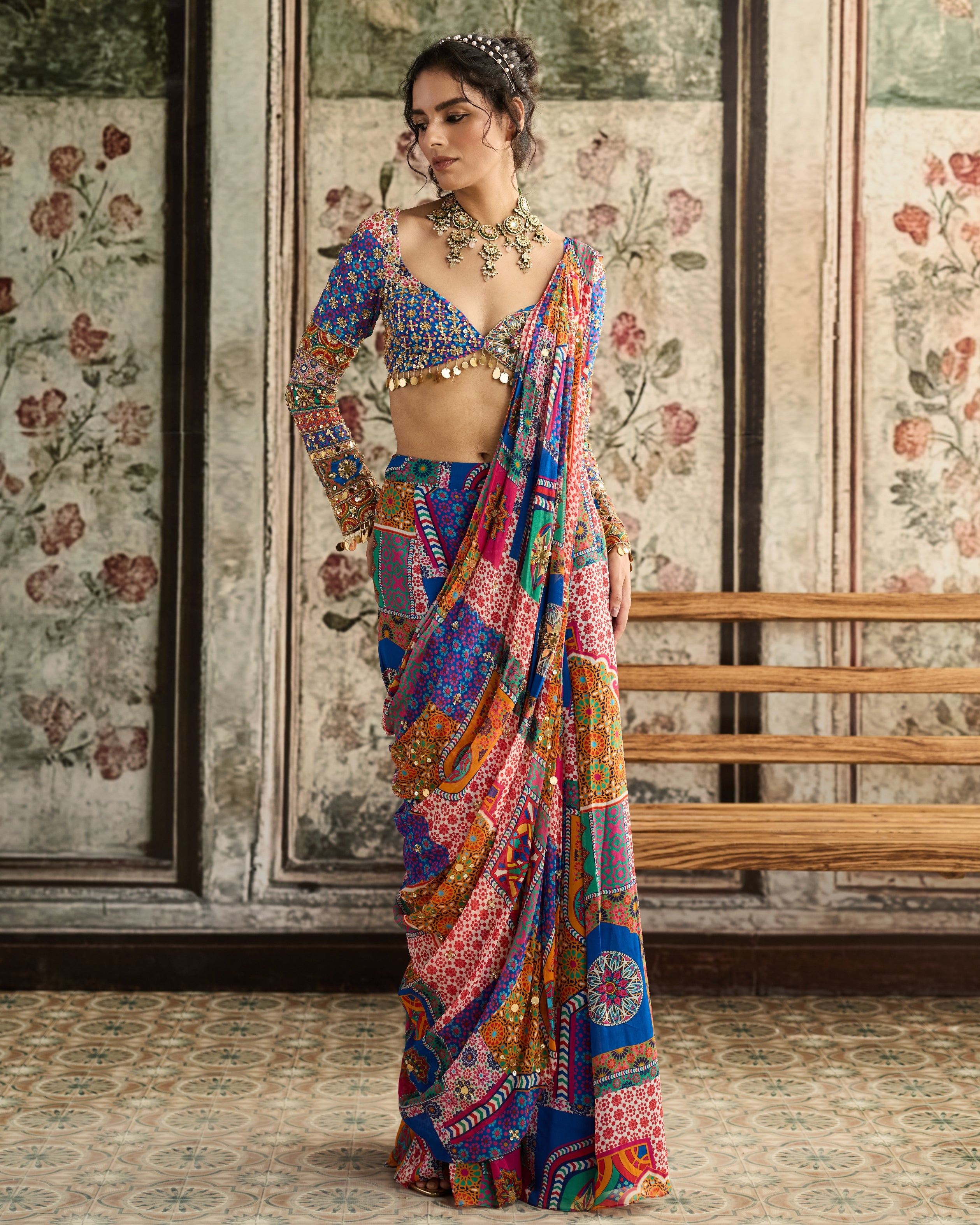 Multi-Color Print Sharara Sari Set