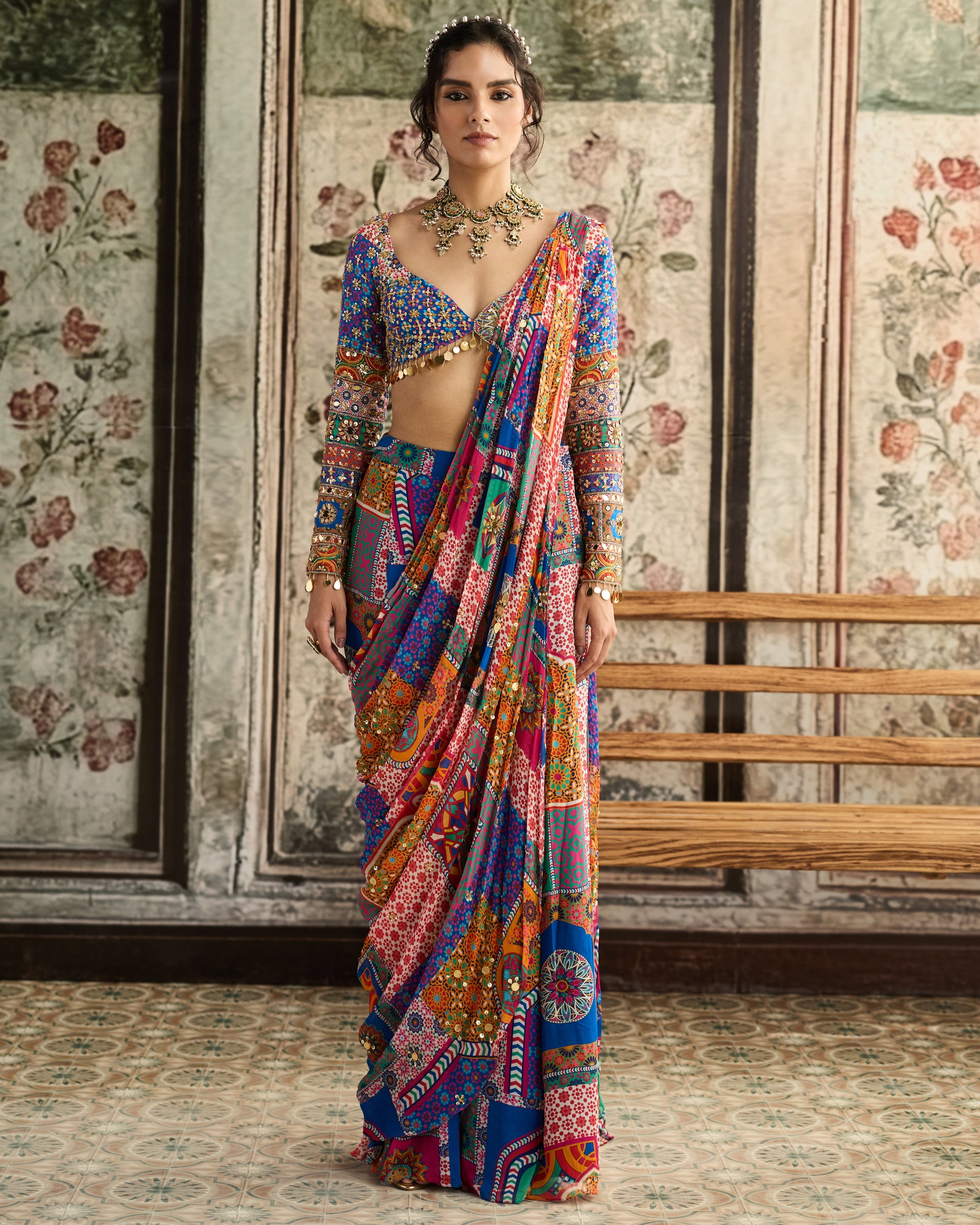 Multi-Color Print Sharara Sari Set
