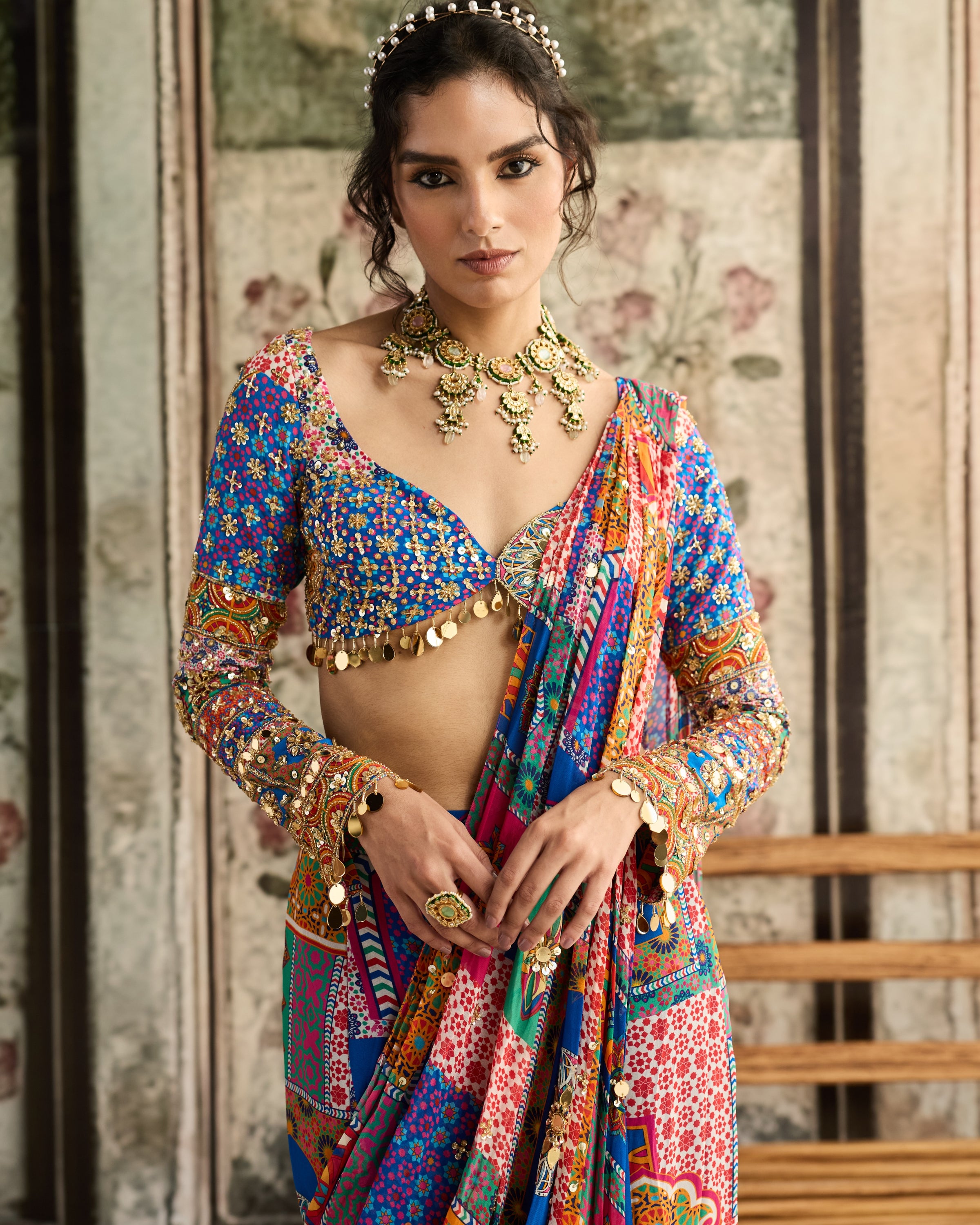 Multi-Color Print Sharara Sari Set