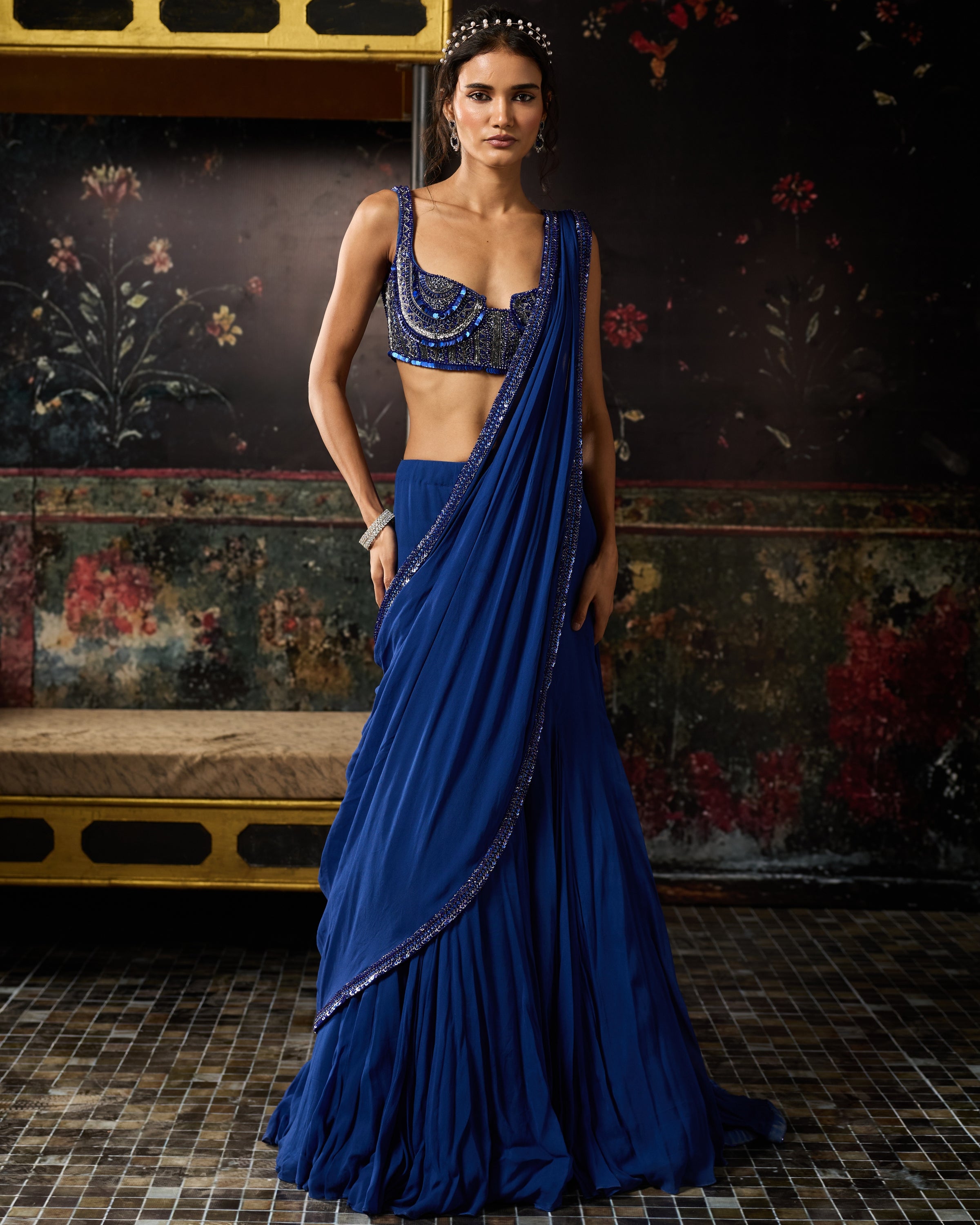 Electric Blue Mermaid Skirt Sari Set