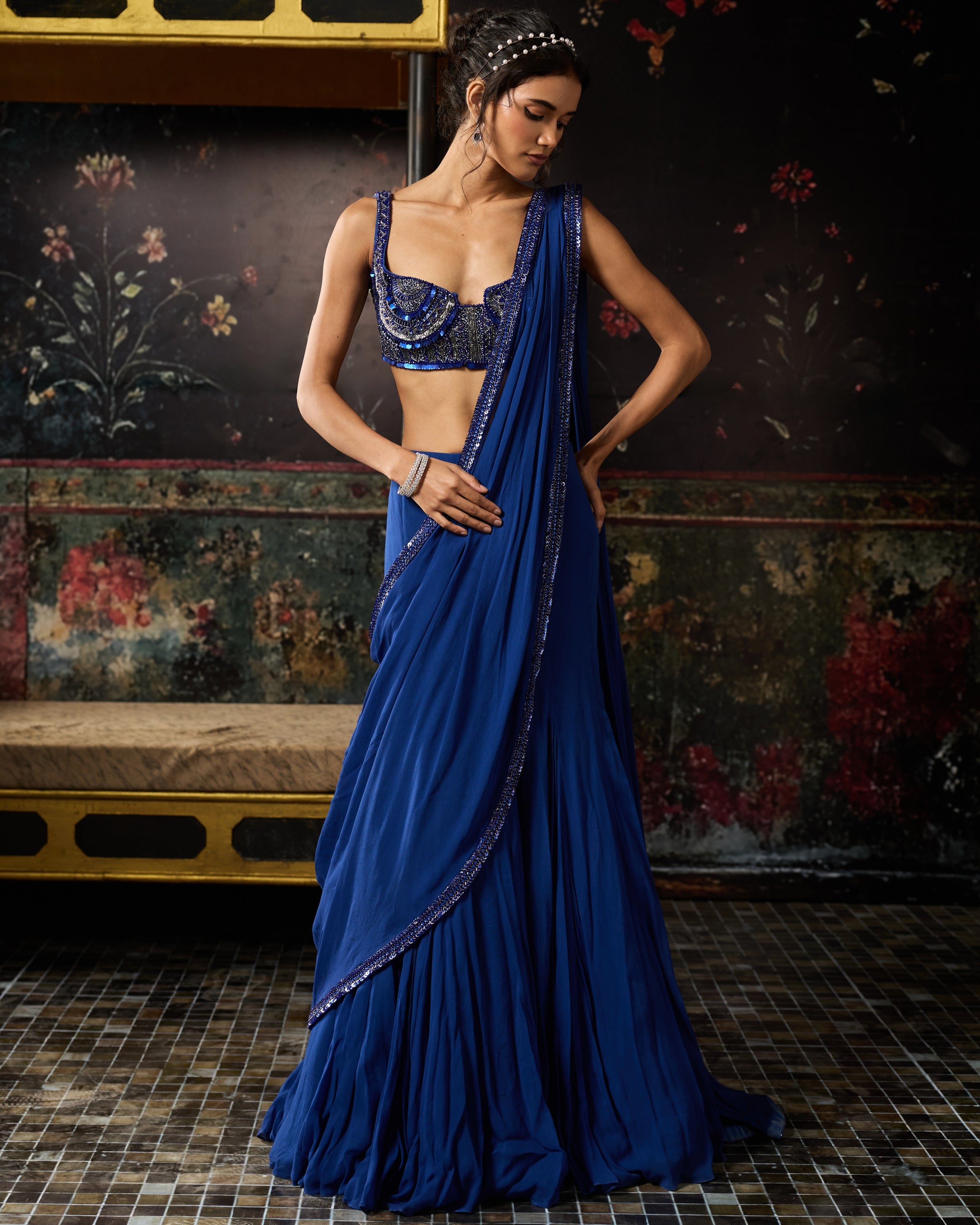 Electric Blue Mermaid Skirt Sari Set