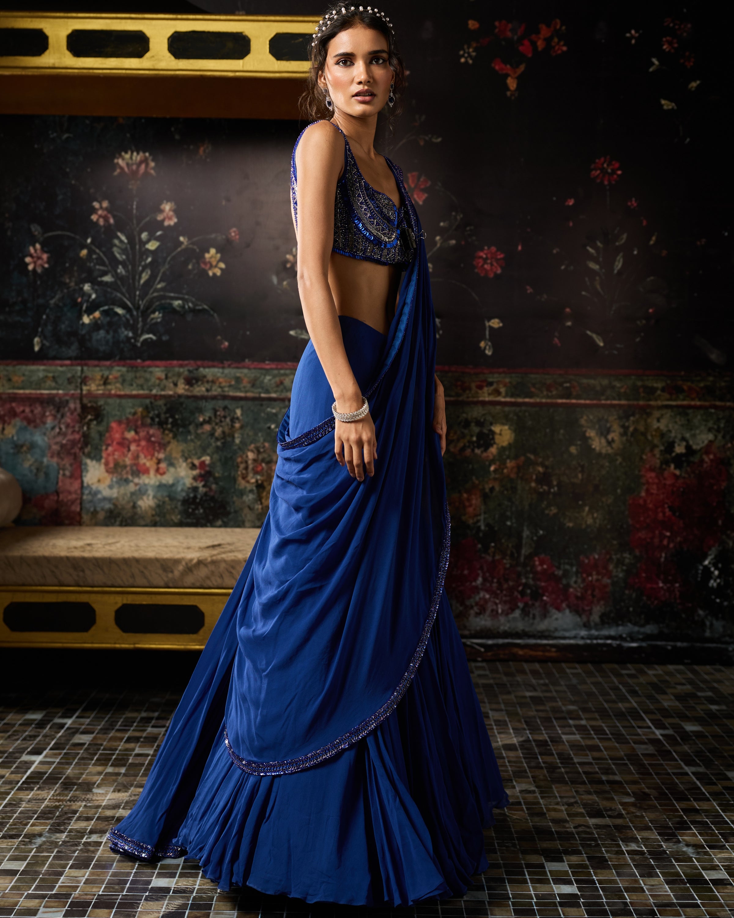 Electric Blue Mermaid Skirt Sari Set