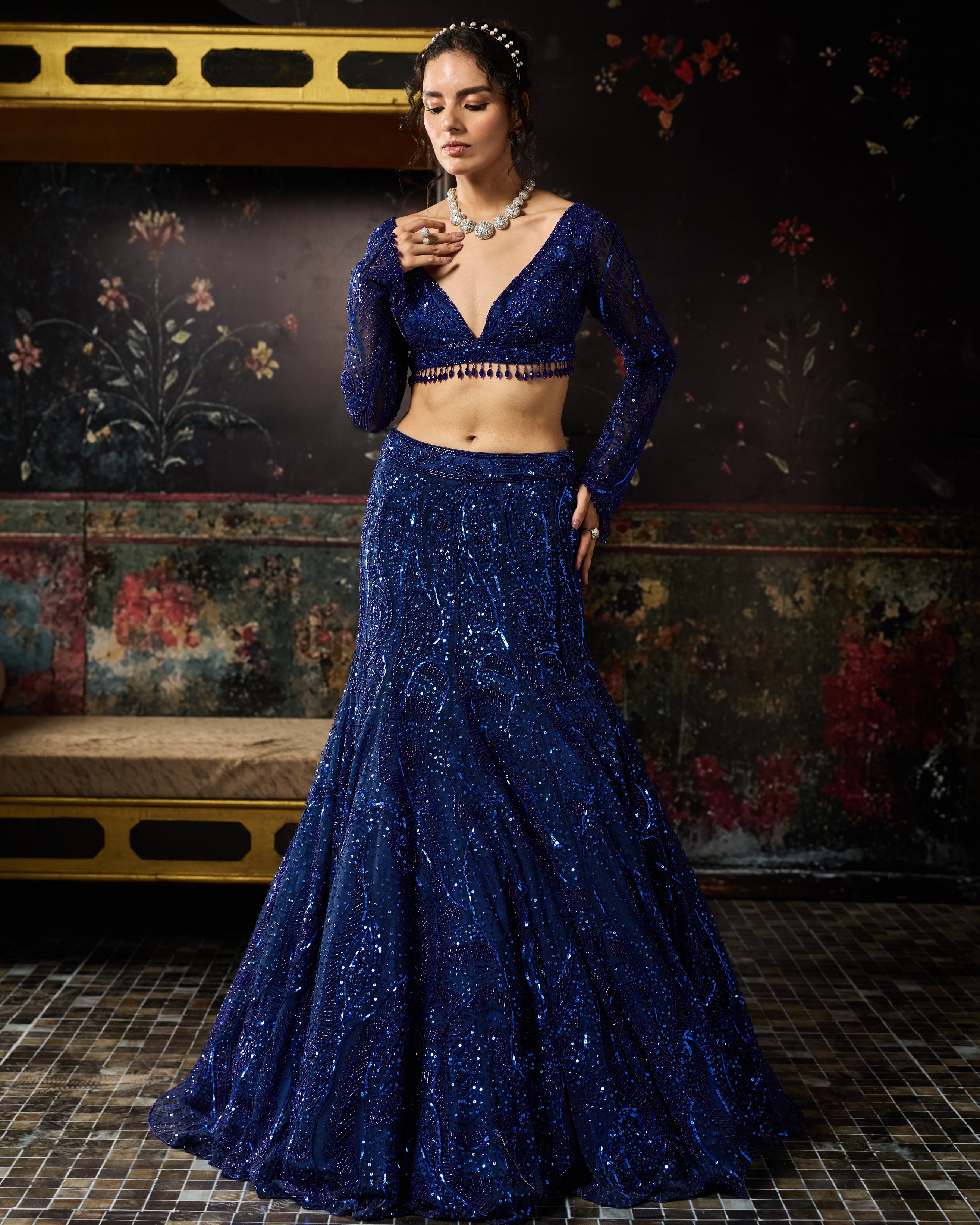 Electric Blue Embellished Mermaid Skirt Set