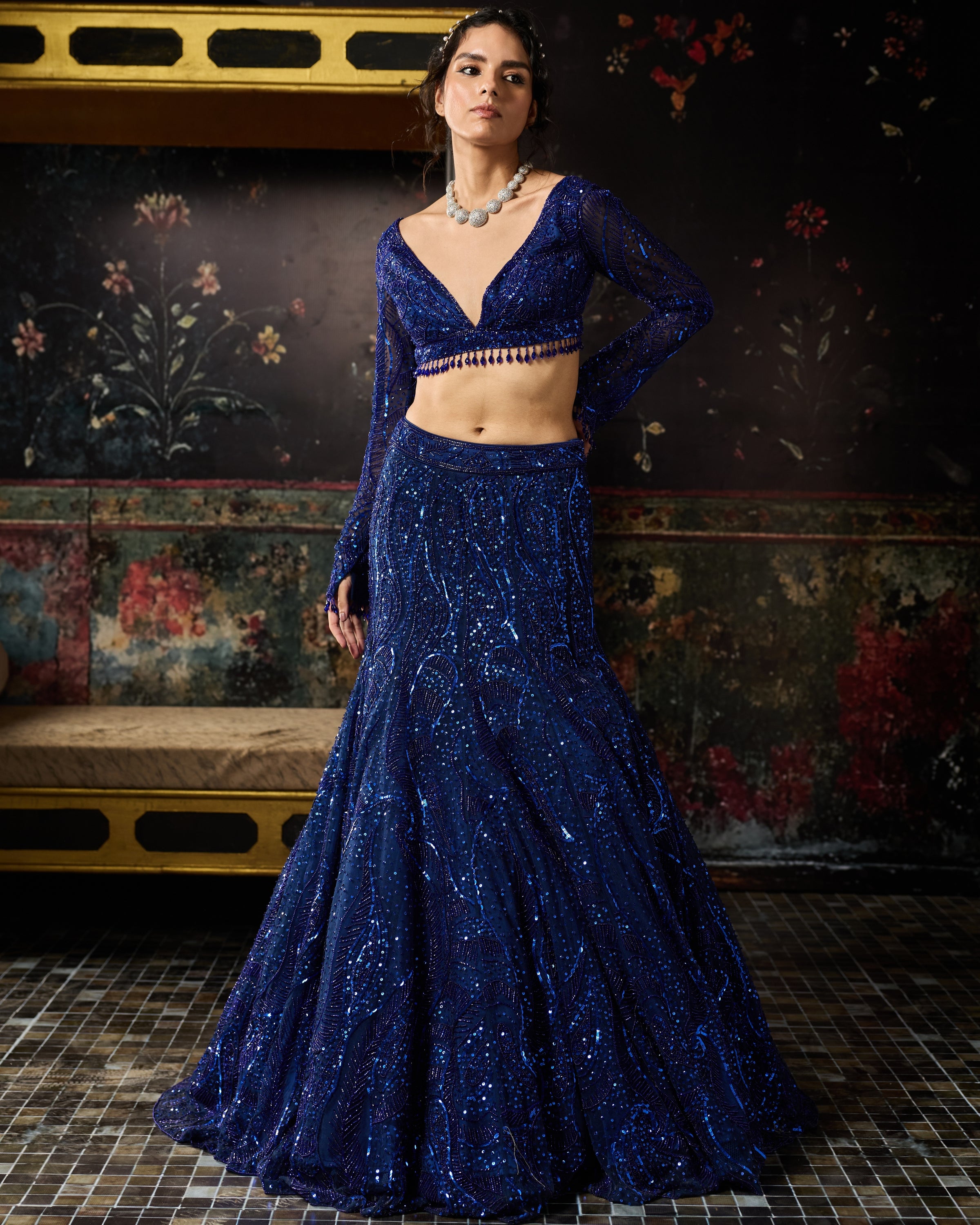 Electric Blue Embellished Mermaid Skirt Set