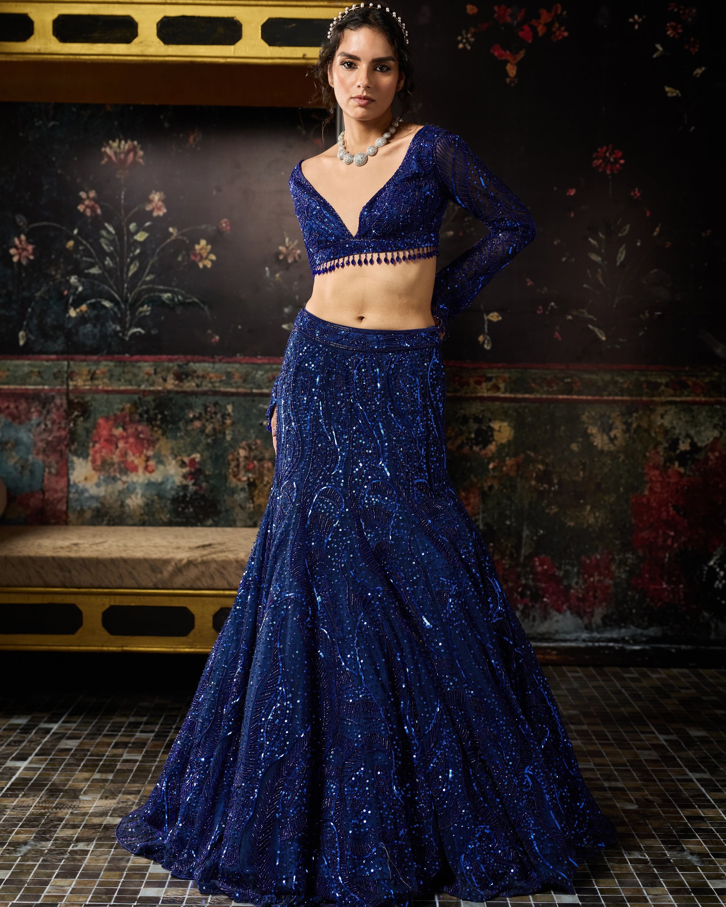 Electric Blue Embellished Mermaid Skirt Set