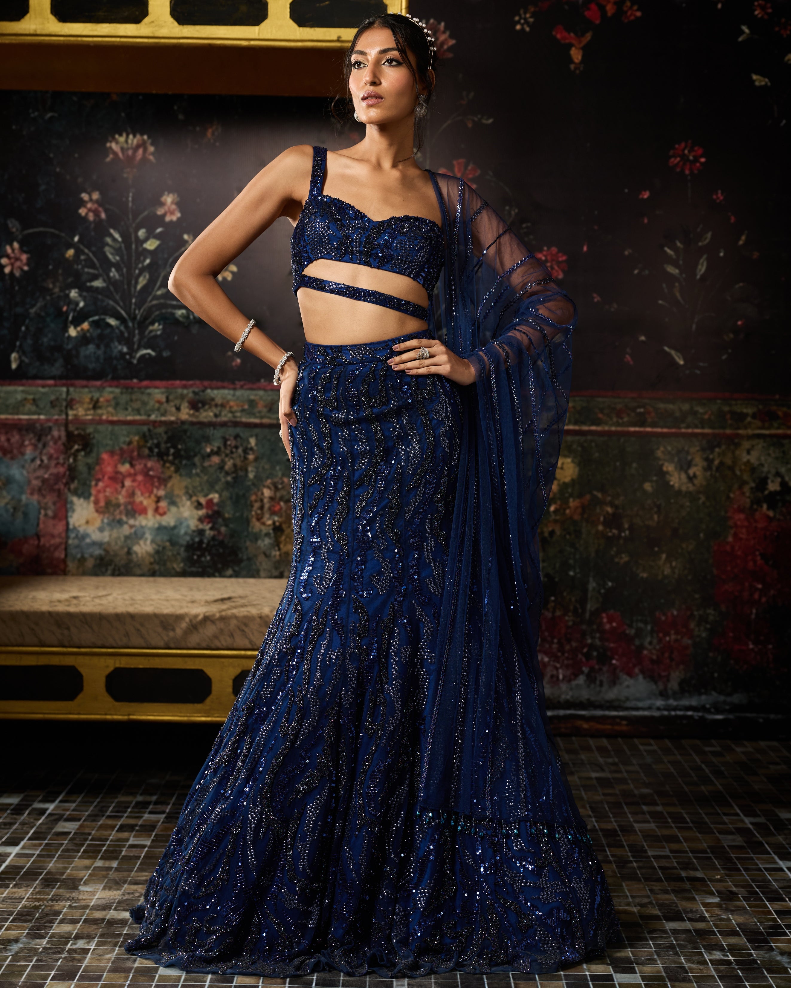 Dark Blue Embellished Mermaid Skirt Set