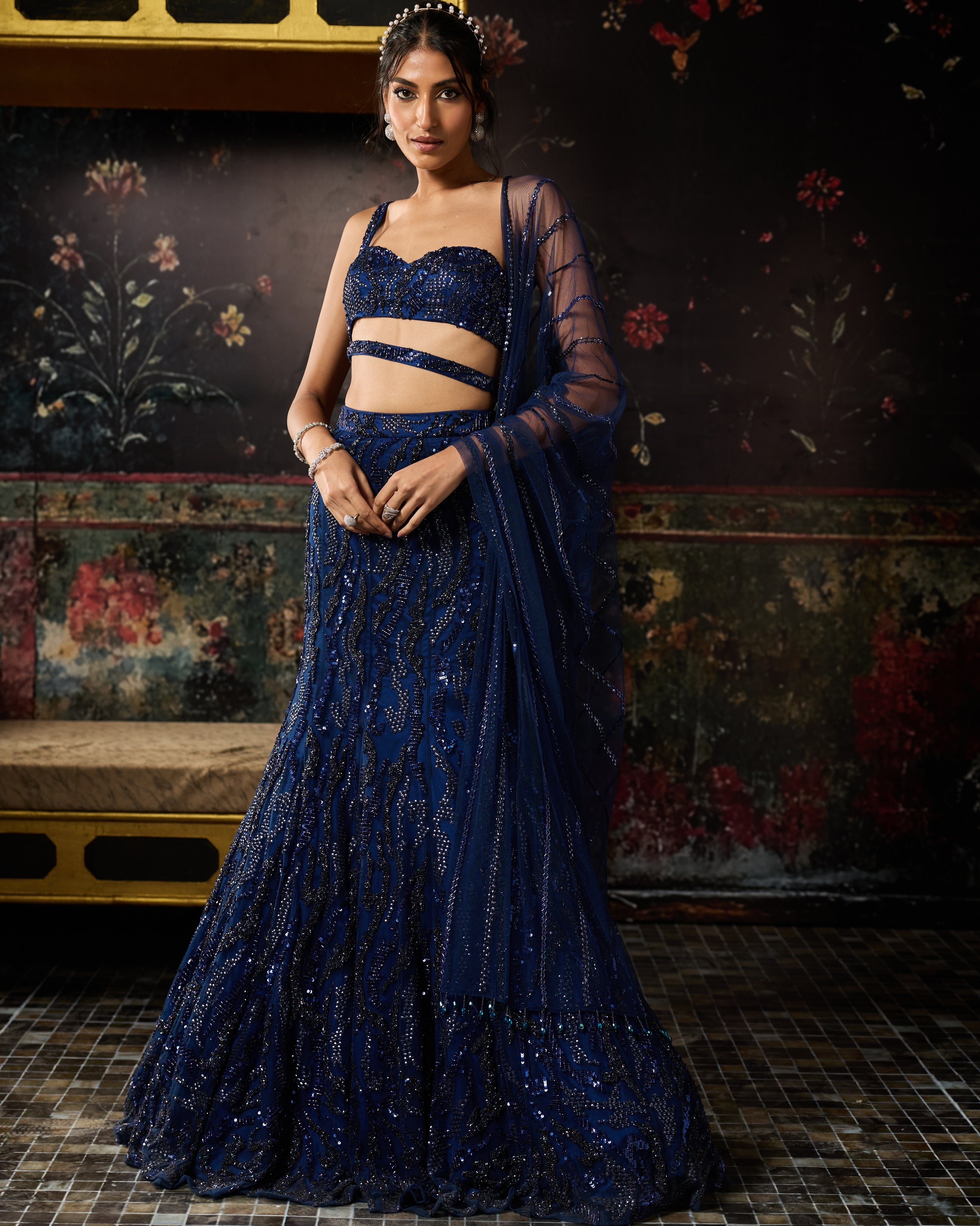 Dark Blue Embellished Mermaid Skirt Set